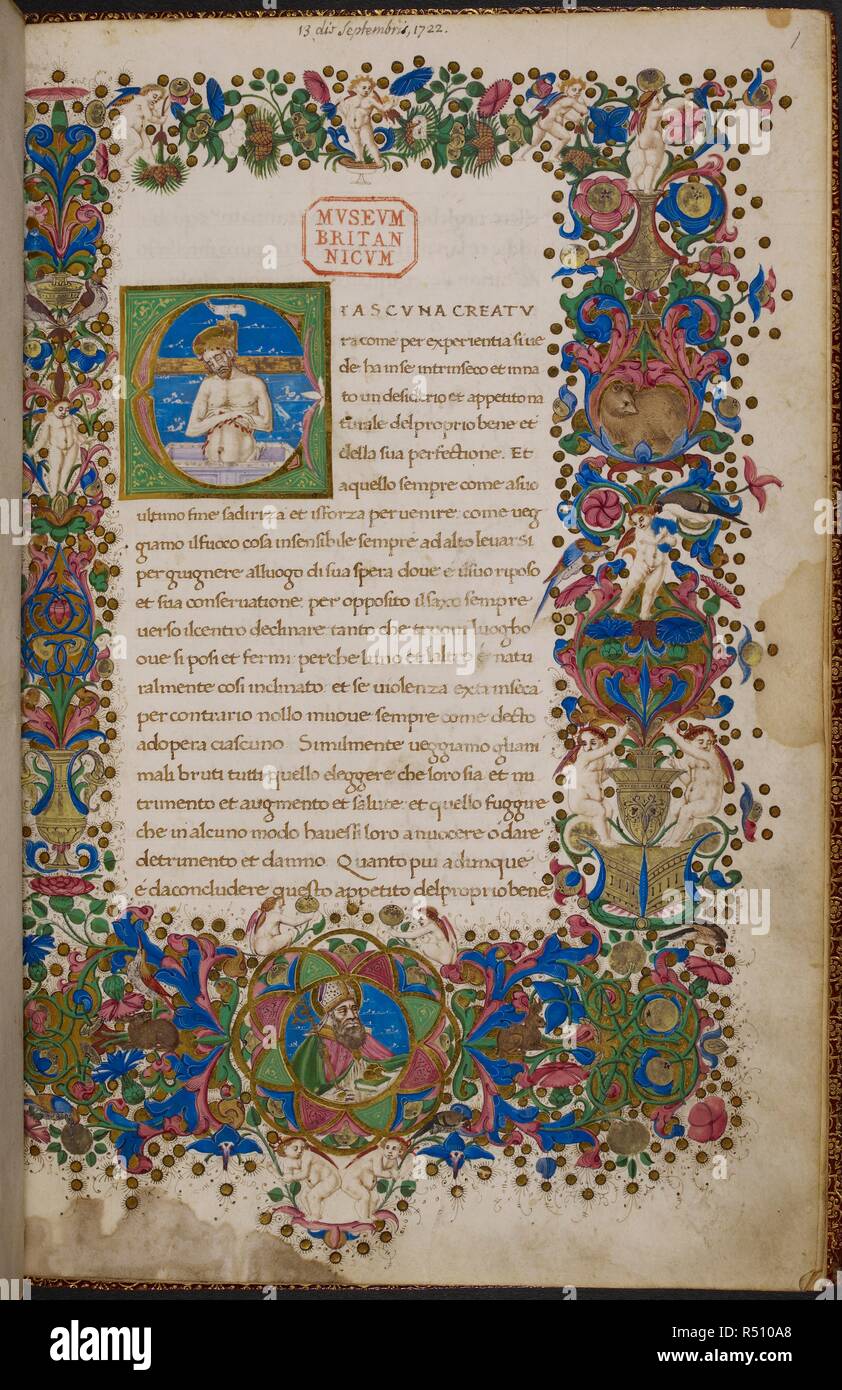 Volle weiße Rebsorten Grenze von Seite der "Regola della Compagnia di S. Maria'. Regola della Compagnia di S. Maria della Piata di Firenze. Italien, Zentrale (Florenz). Regola della Compagnia di S. Maria della Piata di Firenze Italien, Zentrale (Florenz); 2. Hälfte des 15. Jahrhunderts an den Schreiber des Ottoboni Livius zugeschrieben. Quelle: Harley 3547 w.1. Sprache: Italienisch. Stockfoto