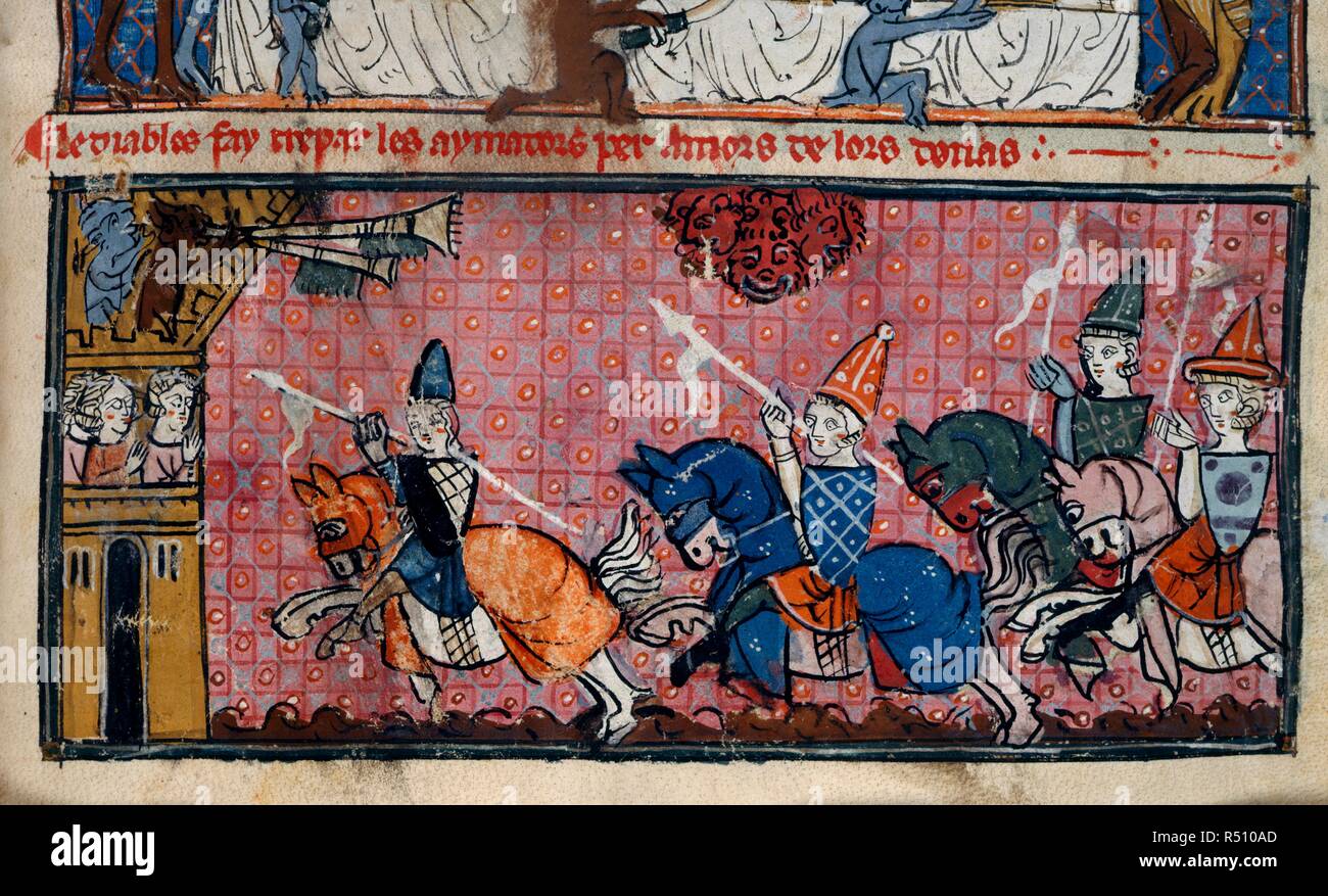 Die versuchungen der Liebhaber. Eine Masse an einem Turnier. Höfische leben. Pomp, Bankette, und Turniere. Jousting Reiter. Die Kavallerie. . Breviari d'Amor. Frankreich. 1. Quartal des 14. Jahrhunderts. Quelle: Royal 19 C. Ich w.204. Sprache: Französisch. Thema: matfre Ermengaud,. Stockfoto