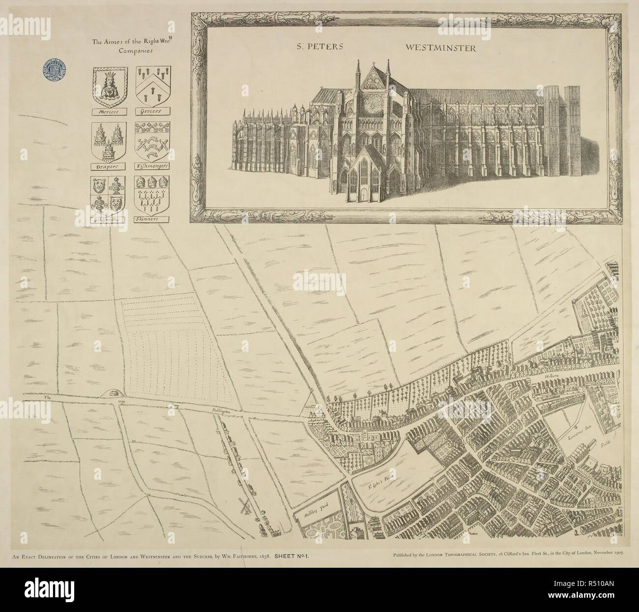 Karte von Westminster in London in 1560-70. Zeichnung der St. Peters Kirche Westminster. . Civitas Londinum. Plan von London ca. 1560-70. London: London topographische Gesellschaft. Im Jahre 1905 veröffentlicht. Verbunden Namen AGAS, Ralph. FRANCIS, Edward J. GESAMT, William Henry. von Ralph Agas. [Gesammelt und von den Kopien in der Guildhall Library, London reproduziert, und Magdalene College in Cambridge]. Quelle: Karte 183. S. 1. (2). Stockfoto