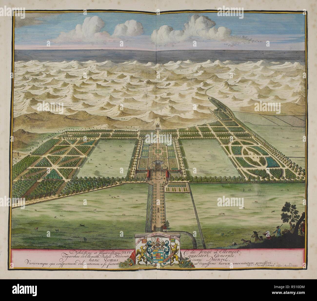 Blick auf Duinrel. Zu den edlen und berühmten C.de Jonge van Elkmeet, Herr von Elleemeet, Empfänger Allgemein der Föderierten Niederlande [ist] die allgemeine Ansicht seiner Haus namens Duinrel (1707). Jäger werden gezeigt und sich dem Eingang nähern, um den Nachlass von Duinrel, nördlich von Den Haag. Sie waren die Überschrift für die Wälder, die das Haus, die sich aus dem sandigen Boden in der Nähe der Dünen zurückgefordert worden war. Die ovale und sternförmige Fahrten, die durch sie geschnitten worden ist deutlich zu sehen. . Quelle: Karten C.9.e.8. (71). Sprache: Holländisch. Autor: Schenck, Pieter. Stockfoto