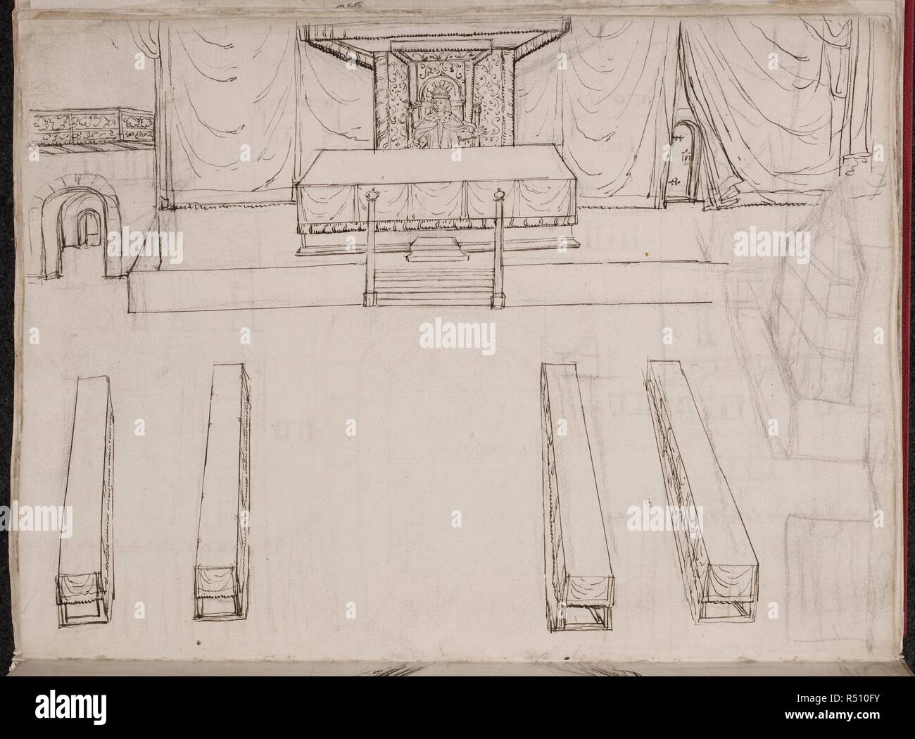 Zeichnung der Krönung von Elizabeth I. in der Westminster Hall. Thron und Bänke. Zeichnungen der Prozessionen, Feiern, etc., an die Krönung von Königin Elisabeth I.; 14./14.01.1558/9. Zeichnungen der Prozessionen, Feiern, etc., an die Krönung von Königin Elisabeth I.; 14./14.01.1558/9. Quelle: Egerton 3320 w.12 v. Stockfoto