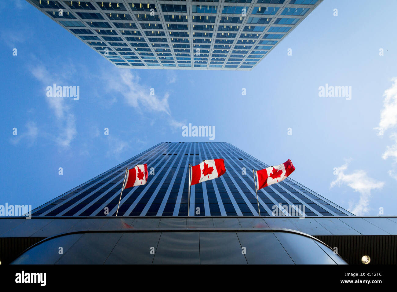 Drei kanadische Fahnen vor einem Geschäftsgebäude in Ottawa, Ontario, Kanada. Ottawa ist die Hauptstadt von Kanada, und einer der wichtigsten wirtschaftlichen, p Stockfoto