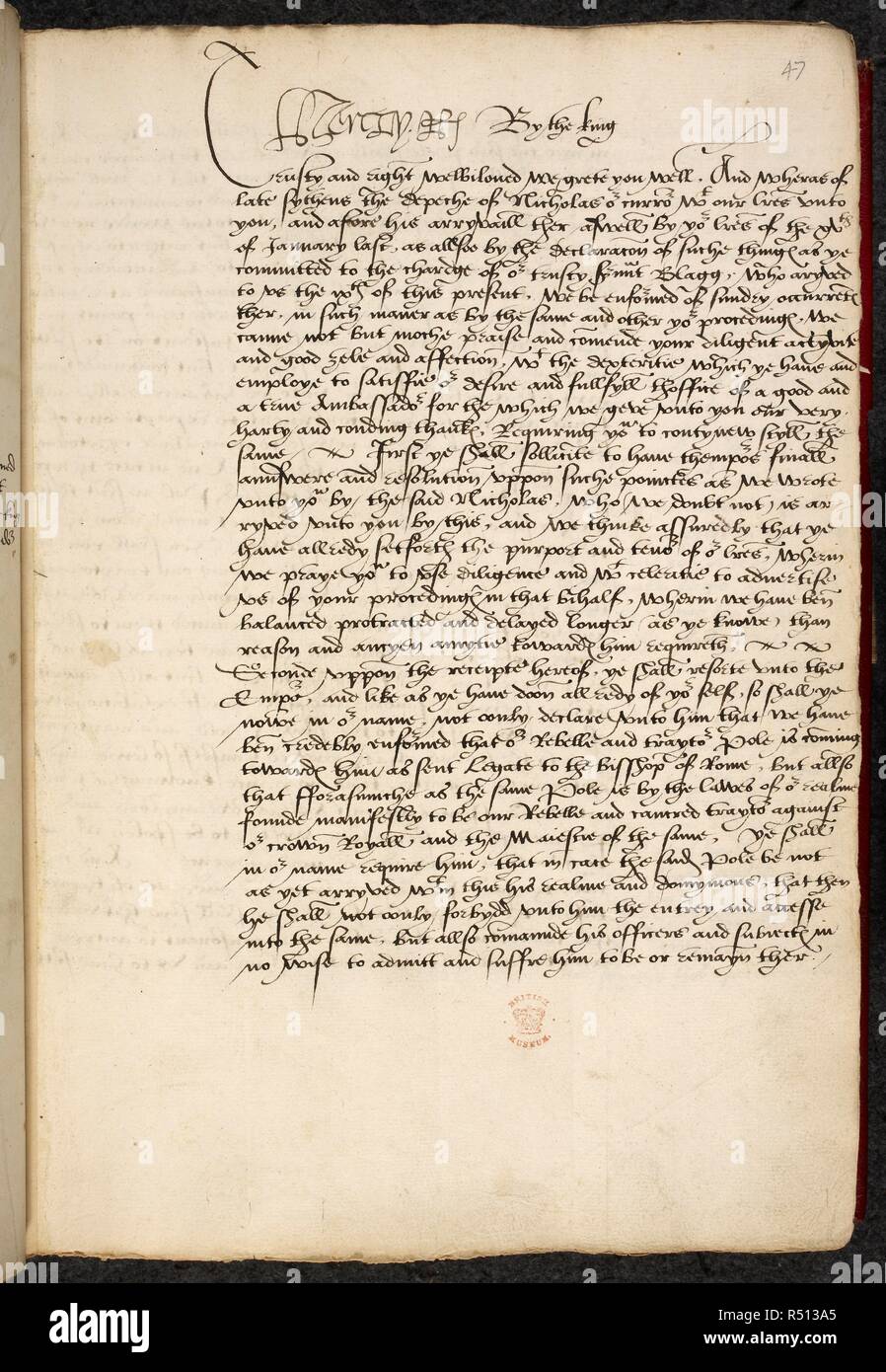 Brief von Henry VIII Thomas Wyatt. Harley 282, f 47. Brief von Henry VIII Thomas Wyatt über das polnische Volk. . Quelle: Harley 282, f 47. Stockfoto