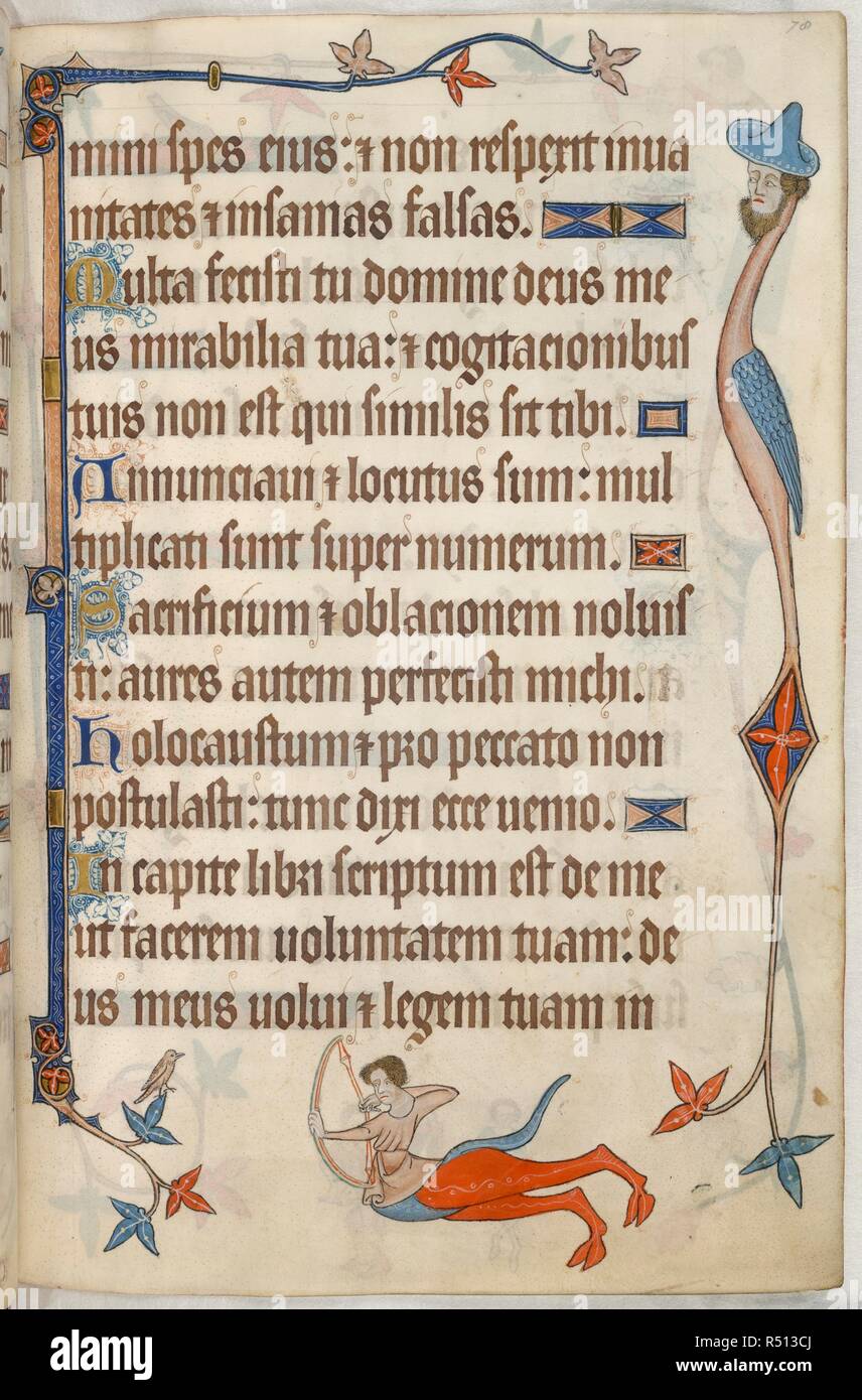 Psalm 39; Centaur. Luttrell Psalter. England [East Anglia]; ca. 1325-1335. [Ganze folio] Psalm 39. Grenze Dekoration mit einem großen grotesk. In der unteren Marge, ein Zweibeiniges Centaur, die mit einem Bogen, aber kein Pfeil, an einem Vogel Bild von Luttrell Psalter entnommen. Ursprünglich veröffentlicht in England [East Anglia] hergestellt; ca. 1325-1335. . Quelle: Hinzufügen. 42130, f 78. Sprache: Latein. Stockfoto