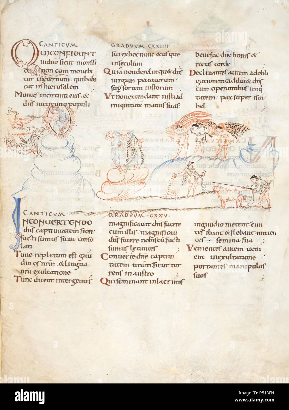 Psalm 124 beginnt mit verzierten erste 'Q'. Abbildung: Christus in der Mandorla mit Engeln; Landwirtschaft Szenen mit der Aussaat, Pflügen und die Riemenscheiben von Mais. Psalm 125, beginnend mit der ersten eingerichteten "I". Harley Psalter. England [Christus Kirche, Canterbury]; erste Hälfte des 11. Jahrhunderts. Quelle: Harley603, w.66. Sprache: Latein. Stockfoto