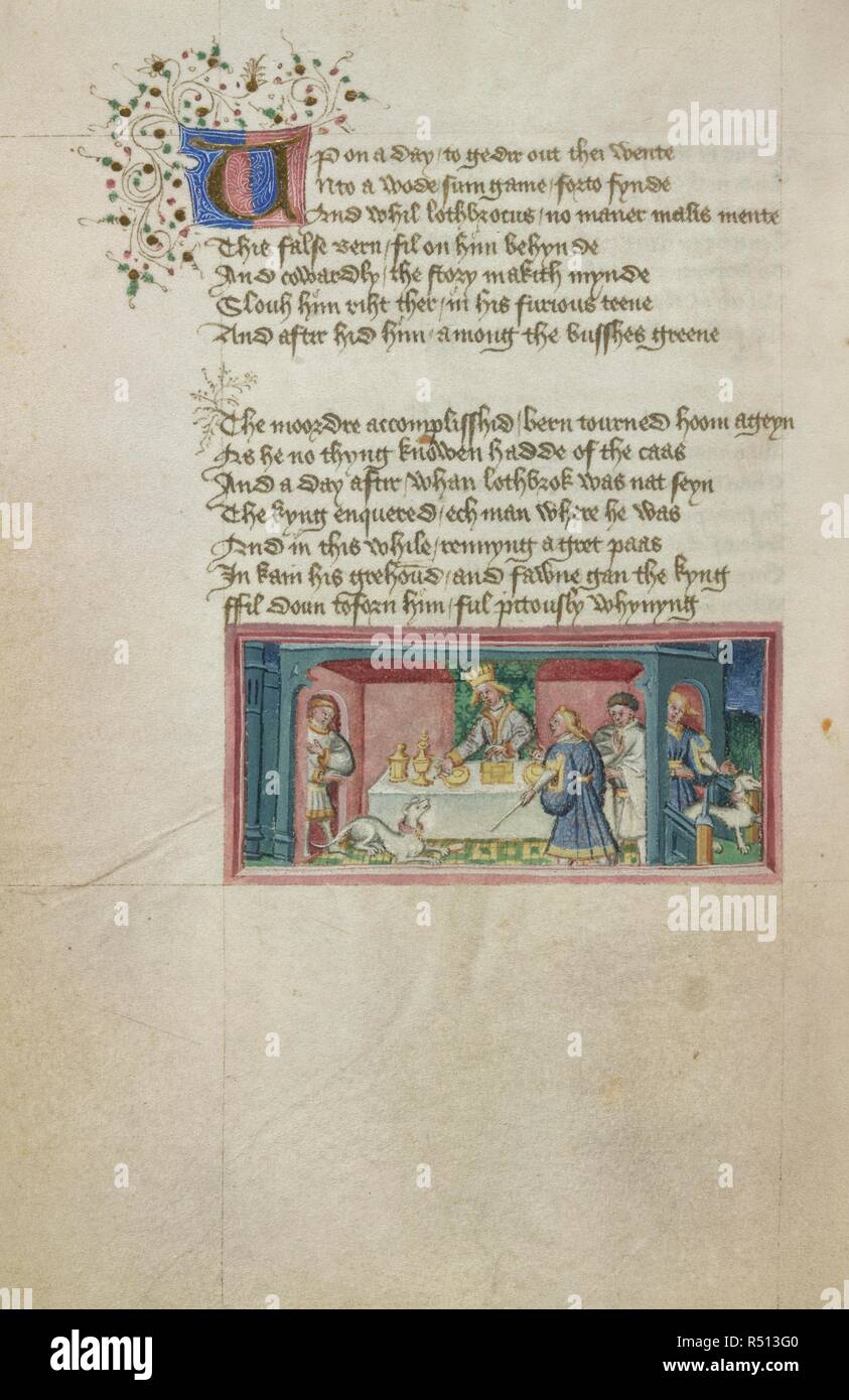 Miniatur von Lothbrok's Hund zurück zu Edmund's Court. Metrische Leben der Heiligen Edmund und Fremund, in der Präsentation Kopie für Heinrich VI., einschließlich der Prolog (ff. 1 v-5). England, S. (wahrscheinlich Bury St Edmunds); zwischen 1434 und 1439. Quelle: Harley 2278, w.44 v. Sprache: Englisch und Latein. Autor: LYDGATE, John. Stockfoto