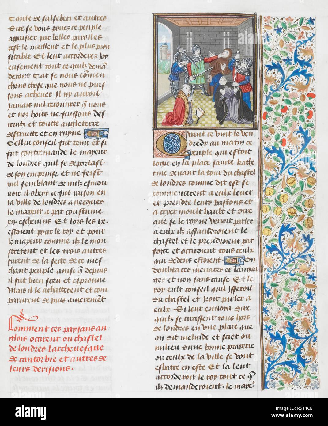 Die Ermordung des Erzbischofs von Canterbury (Simon Sudbury) und den anderen am Tower von London. Ein Ereignis während der Revolte der Bauern von 1381. Die anderen zwei Menschen getötet wurden, Sir Robert Hailes (King's Schatzmeister) und John Legge (der Schöpfer der Kopfsteuer). Alle drei waren auf Tower Hill gezogen, und enthauptet. Sie nicht in der Weise in dieser Miniatur dargestellt ermordet. Jean Froissart, Chroniques, Bd. 2. (Froissart Chroniken). Niederlande, S. im letzten Viertel des 15. Jahrhunderts, vor 1483. Quelle: Royal 18 E.I w.172. Stockfoto