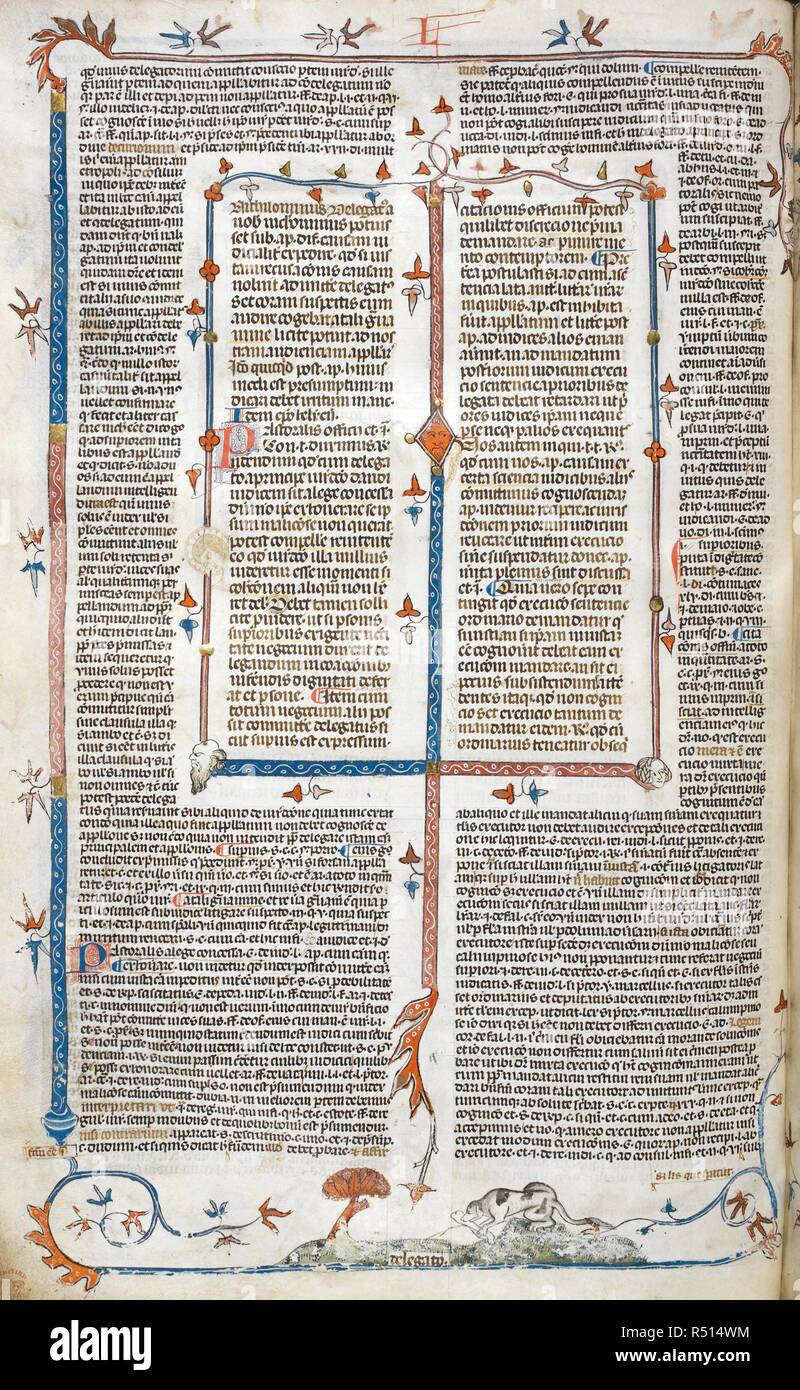 Bas de Seite Szene eines Hundes mit einem Knochen. Decretals von Gregor IX mit Glossa o (der "mithfield Decretals"). Frankreich, S. (Toulouse?); im letzten Viertel des 13. Jahrhunderts oder 1. Quartal des 14. Jahrhunderts. Quelle: Royal 10 E.IV, w.64 v. Sprache: Latein. Autor: Raymond von PeÃ±afort, Editor. Bernhard von Parma, glossator. Stockfoto