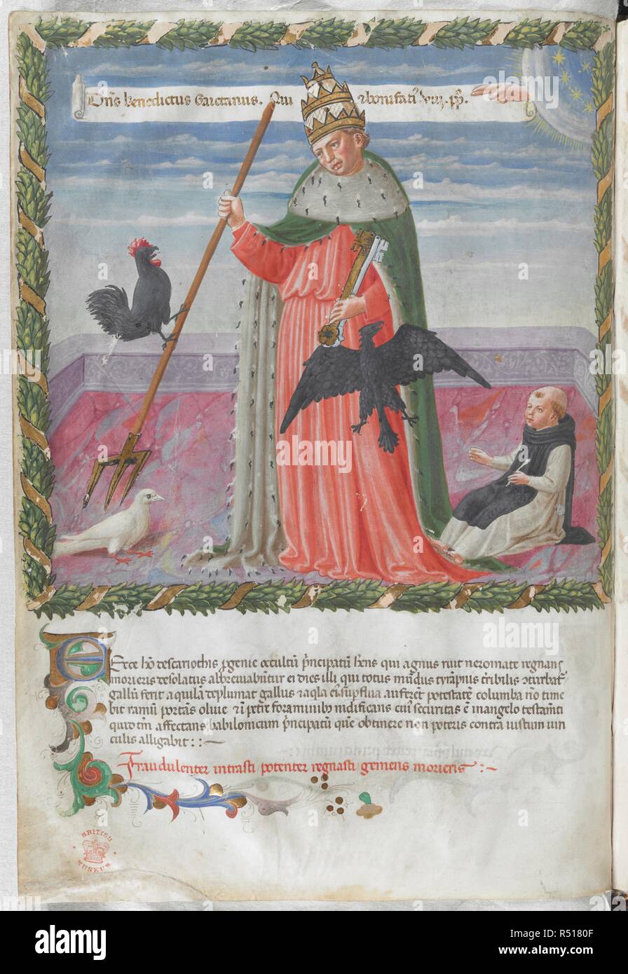 Miniatur von Papst Bonifatius VIII. Vaticinia de Pontificibus. Italien, Central (Florenz); 2. Quartal des 15. Jahrhunderts. Quelle: Harley 1340, f. 3 v. Sprache: Latein. Stockfoto