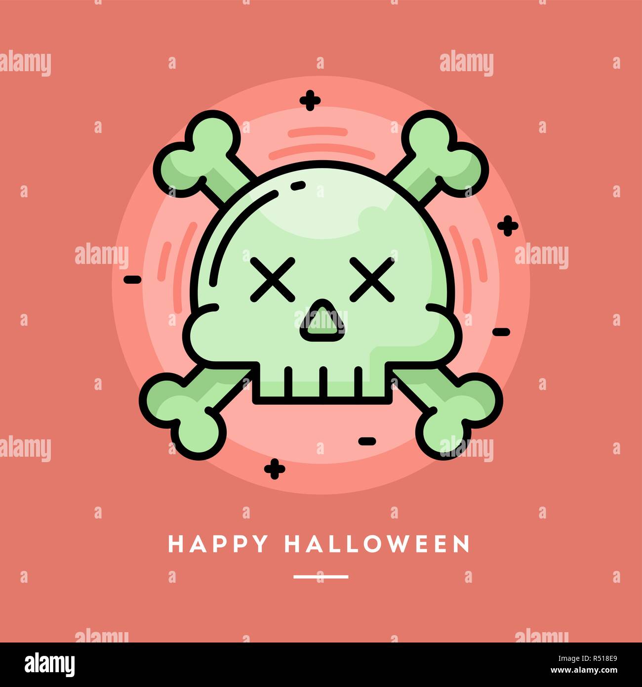 Totenkopf mit gekreuzten Knochen Symbol, flache Bauform thin line Halloween banner Stock Vektor