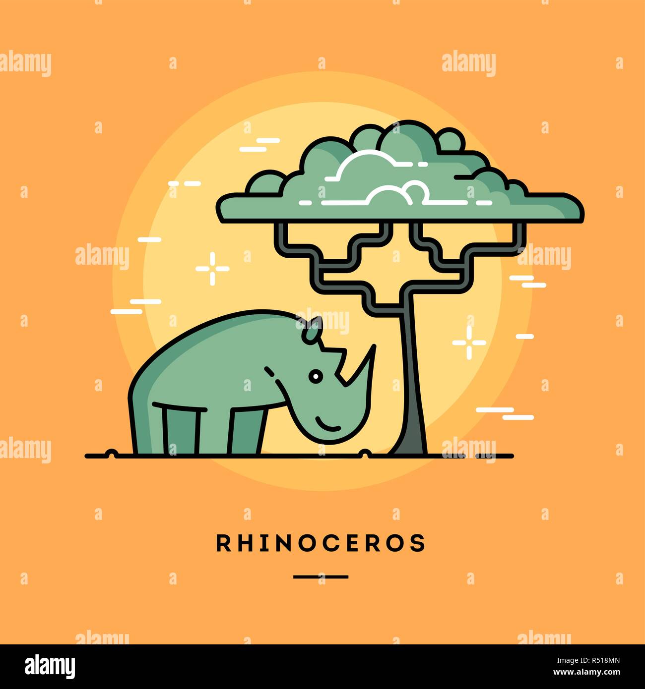 Cute Rhino und ein Baum, Linie flache Design Banner Stock Vektor