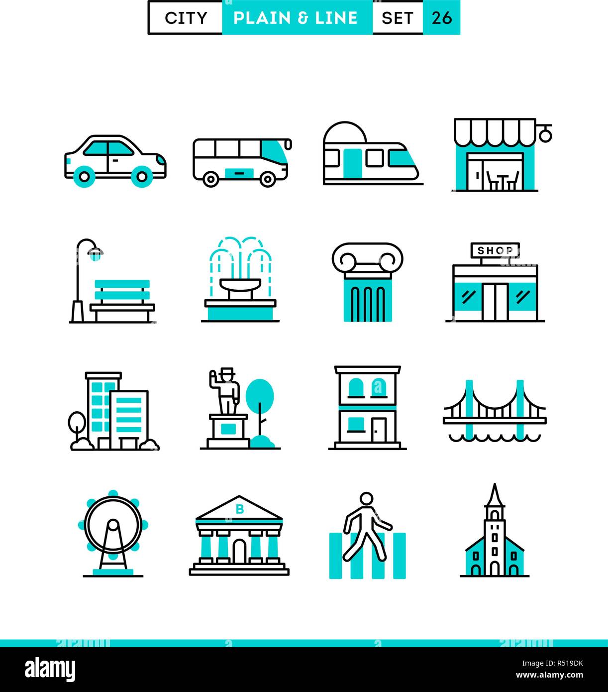 Stadt, Transport, Kultur, Shopping und mehr. Stock Vektor