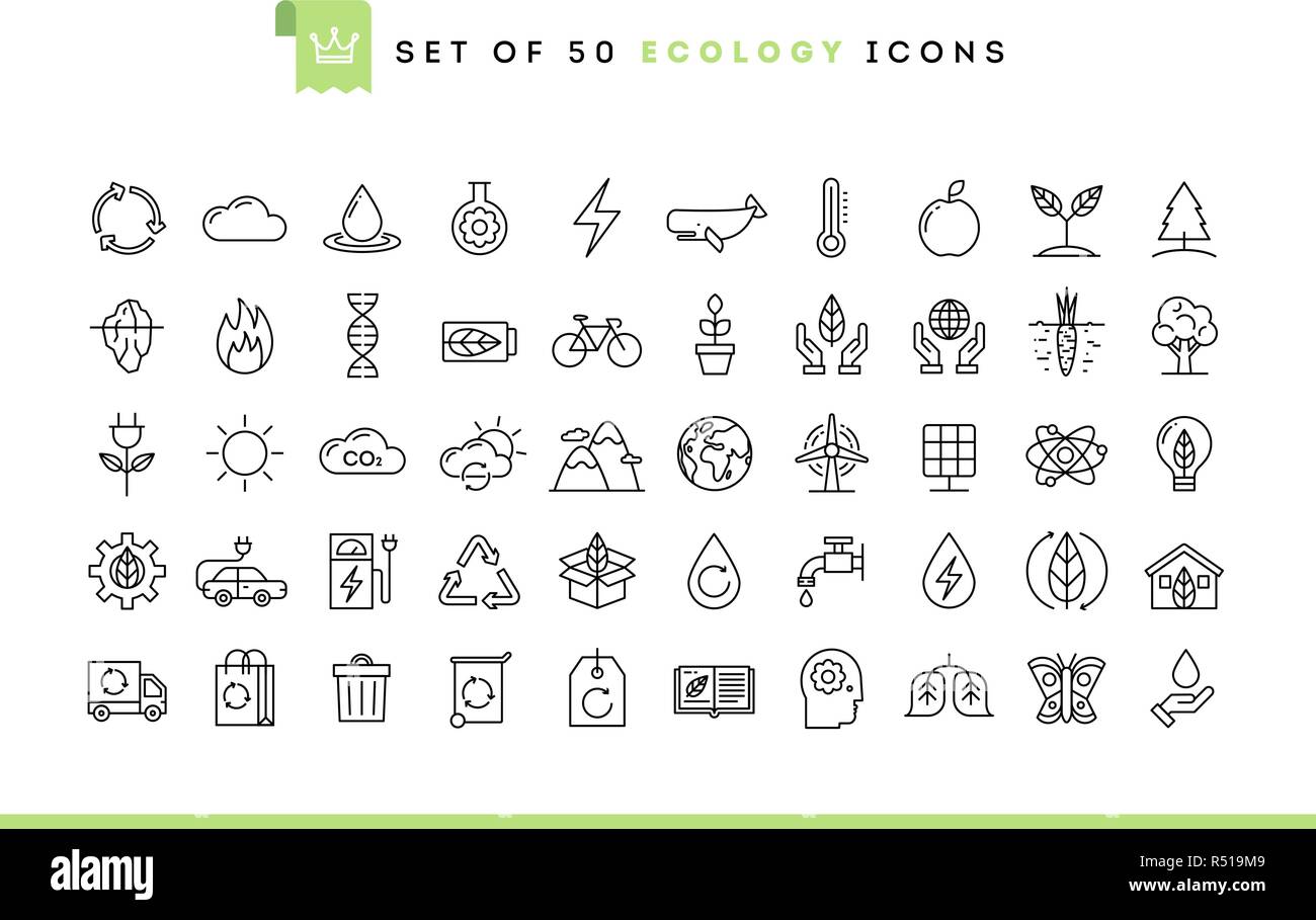 50 Ökologie Symbole, dünne Linie Stil Stock Vektor