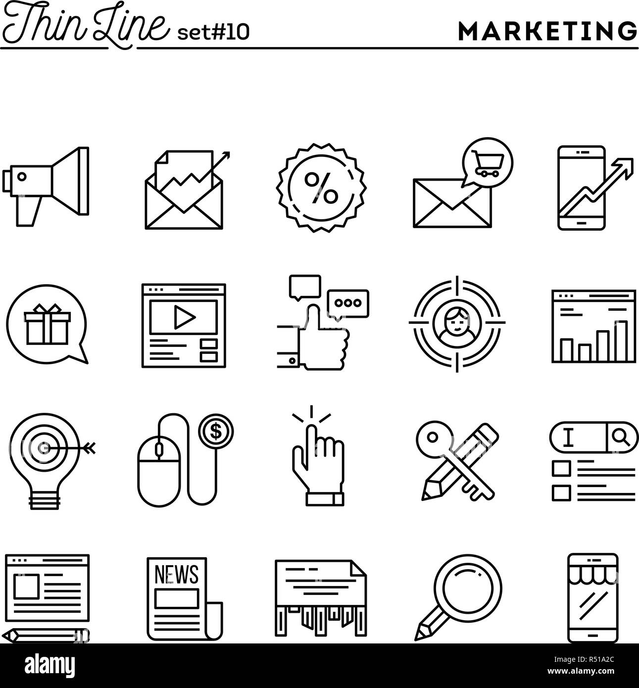 Digital Marketing, Online Business, Zielgruppe, Bezahlung pro das Klicken und mehr, dünne Linie Symbole gesetzt Stock Vektor