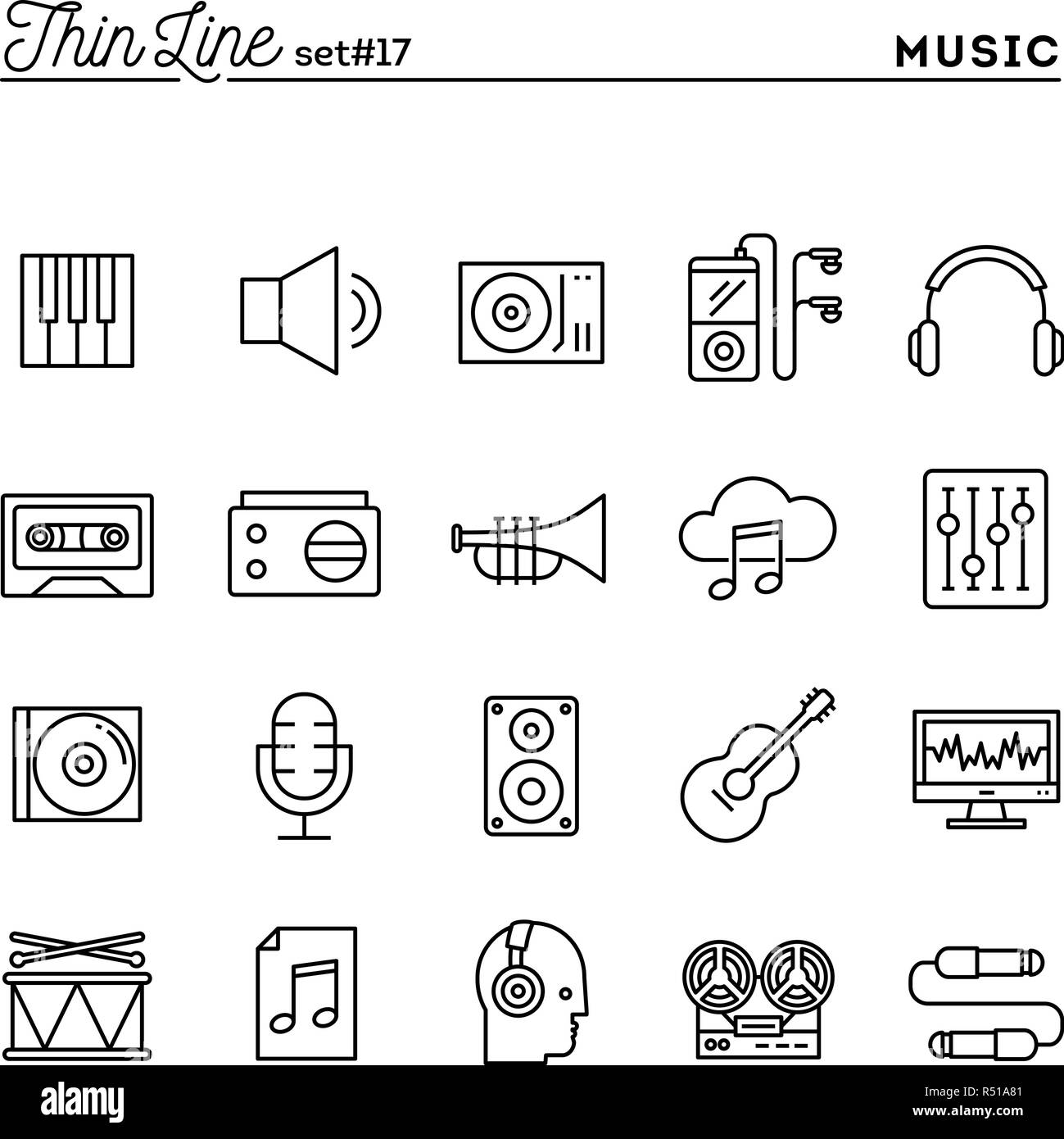 Musik, Sound, Aufnahme, Bearbeitung und mehr, dünne Linie Symbole gesetzt Stock Vektor