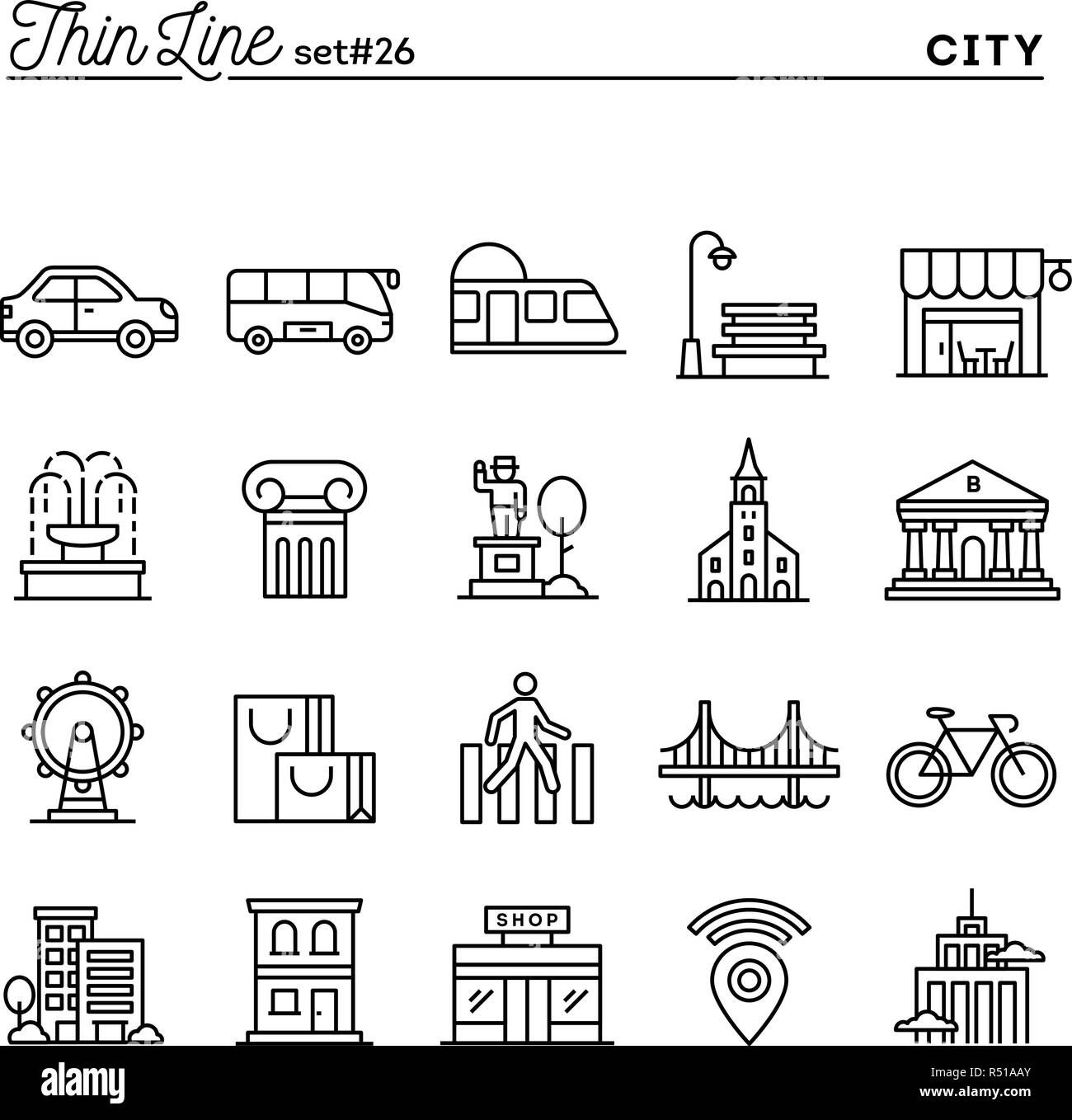 Stadt, Transport, Kultur, Shopping und mehr, dünne Linie Symbole gesetzt Stock Vektor