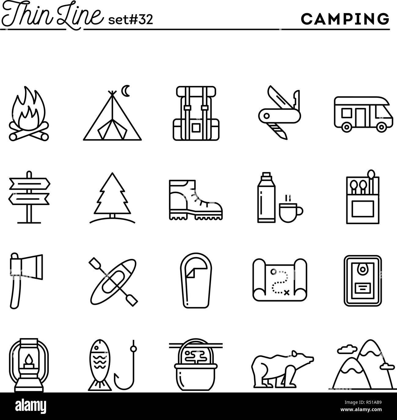 Camping, Wandern, Wildnis, Abenteuer und mehr, dünne Linie Symbole gesetzt Stock Vektor