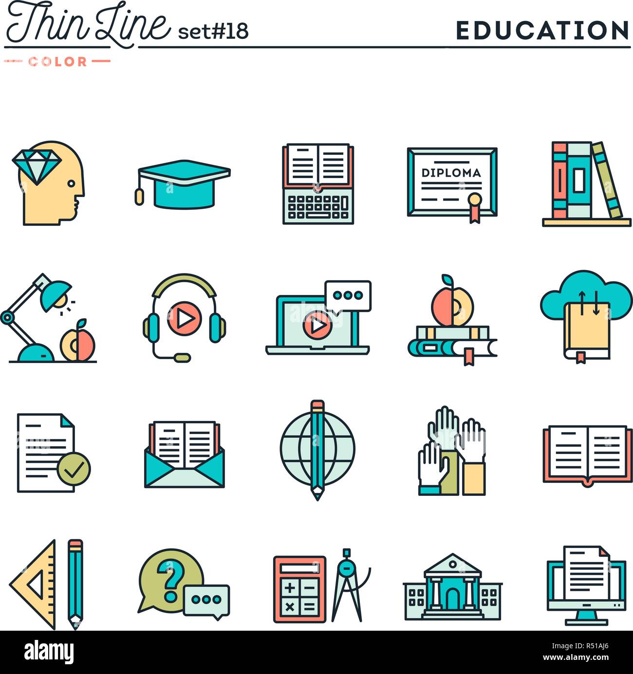 Bildung, online Bücher, Fernunterricht, Webinar und mehr, dünne Linie Farbe Symbole gesetzt Stock Vektor