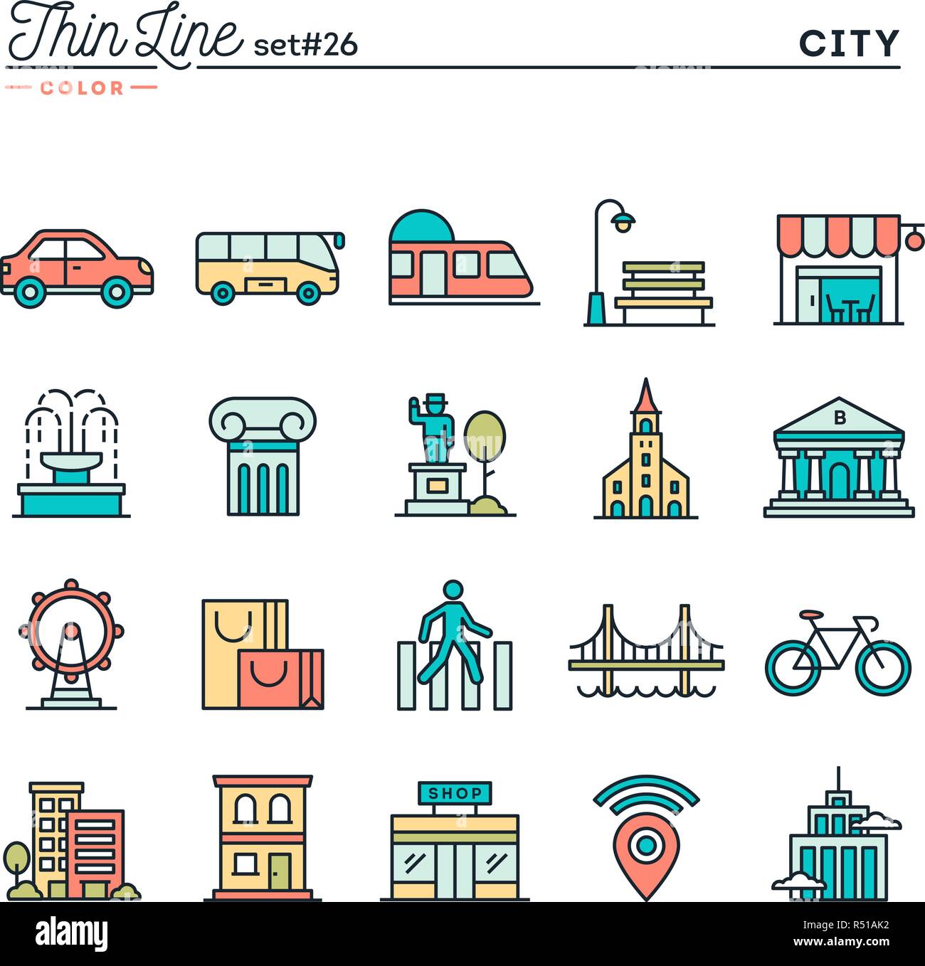 Stadt, Transport, Kultur, Shopping und mehr, dünne Linie Farbe Symbole gesetzt Stock Vektor