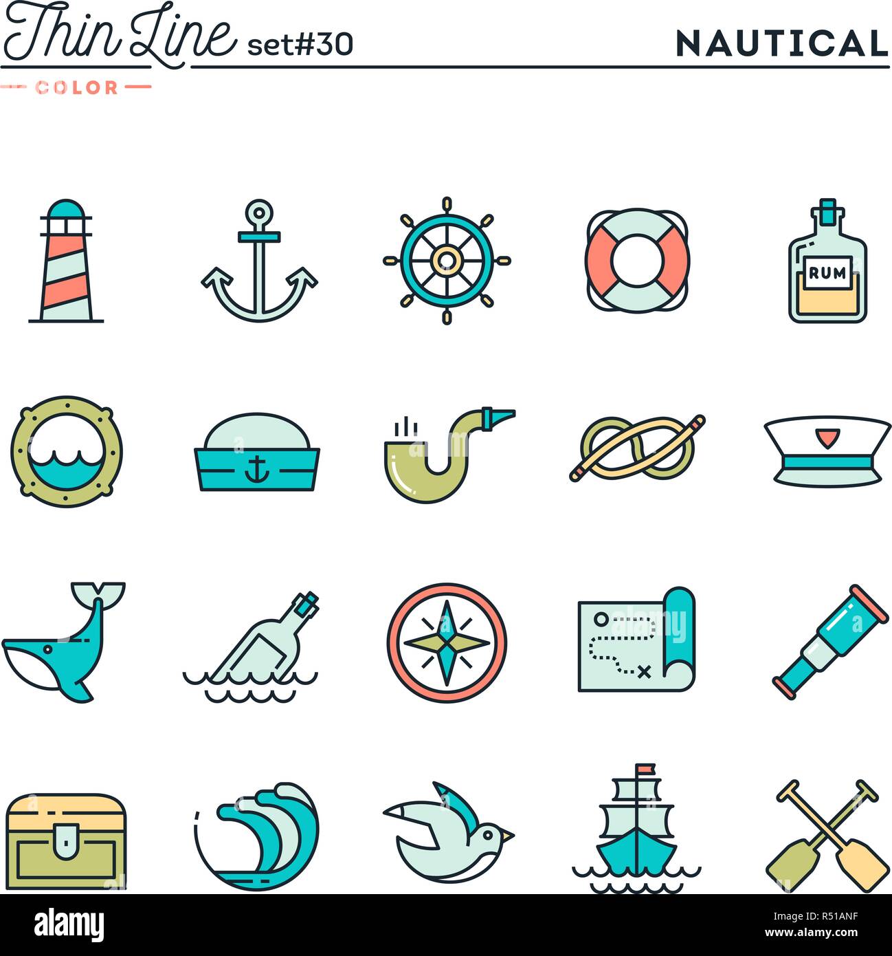 Wassersport, Segeln, Meer, Tiere, marine und mehr, dünne Linie Farbe Symbole gesetzt Stock Vektor