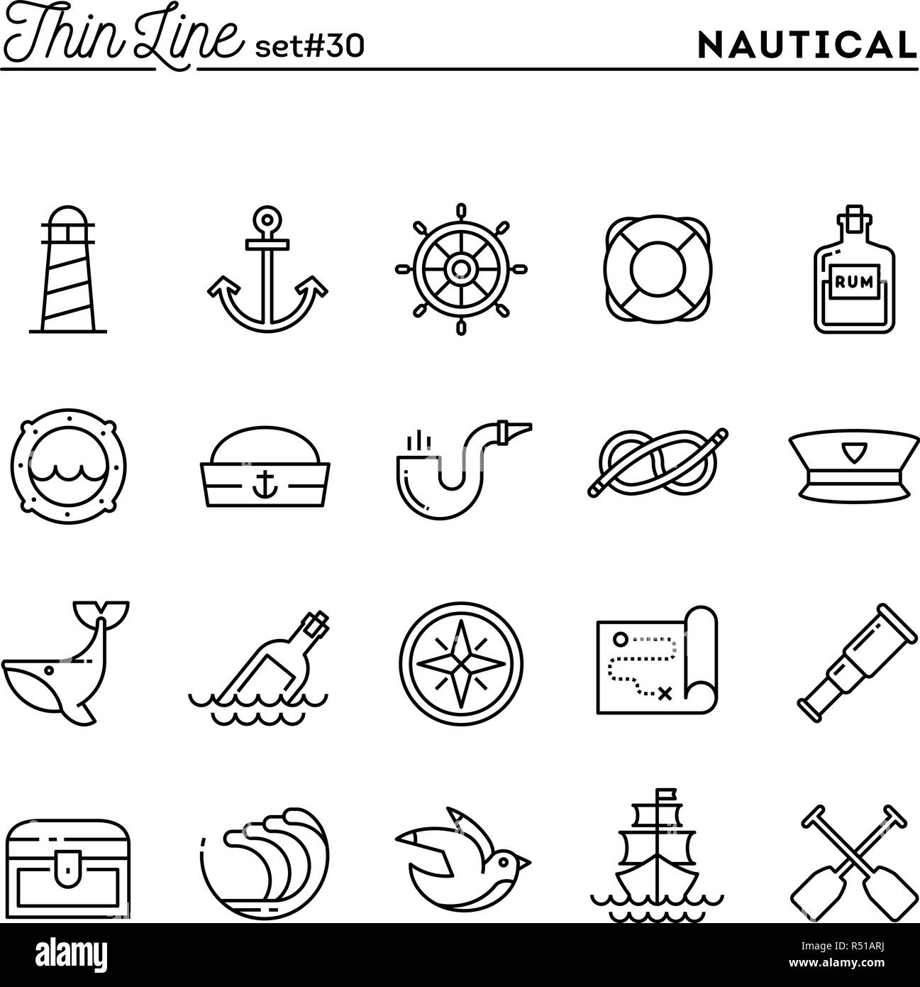 Wassersport, Segeln, Meer, Tiere, marine und mehr, dünne Linie Symbole gesetzt Stock Vektor
