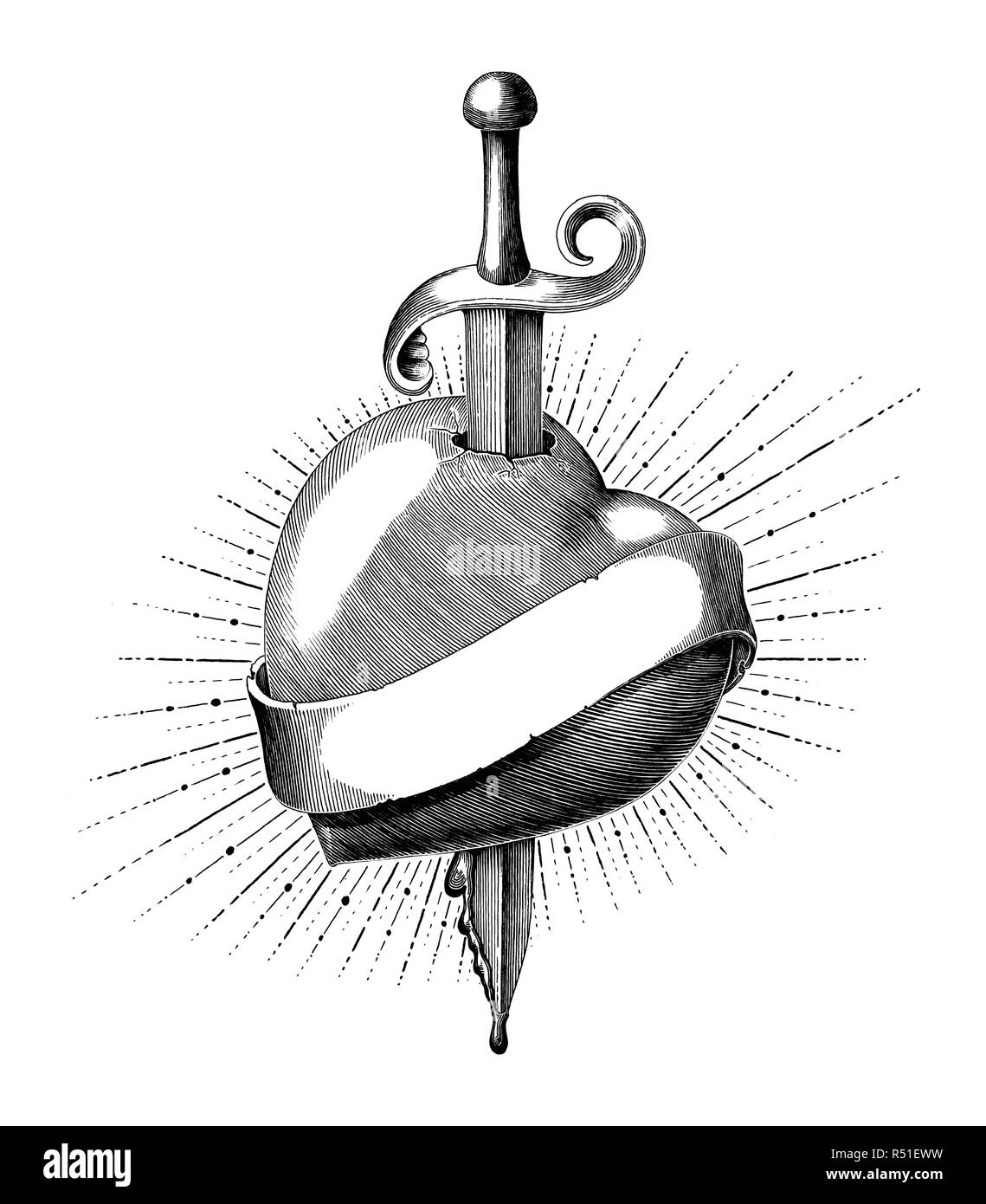 Herz mit Schwert tattoo Hand zeichnen vintage Gravur Stil isoliert auf weißem Hintergrund Stock Vektor