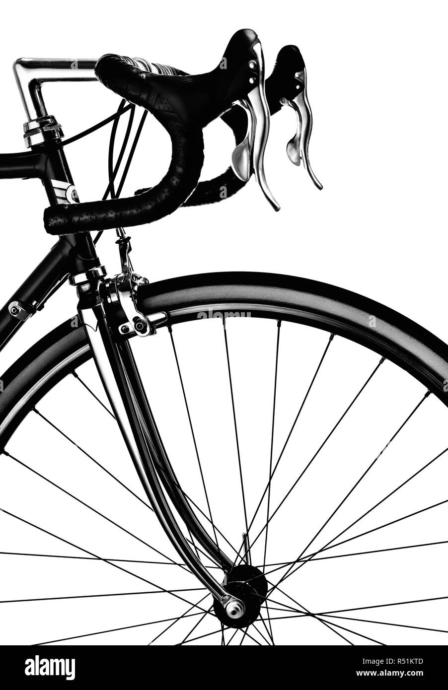 Teil des Vintage Road Bike. Lenkung, Bremsen und Vorderrad. Schwarze und weiße Sport Style auf weißem Hintergrund Stockfoto