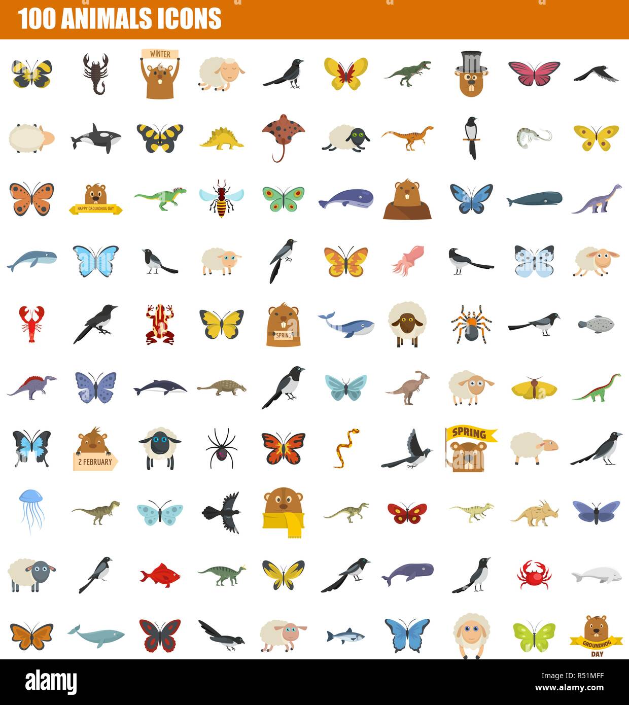 100 Tiere Symbol gesetzt. Flachbild von 100 Tieren Vector Icons für Web Design Stock Vektor