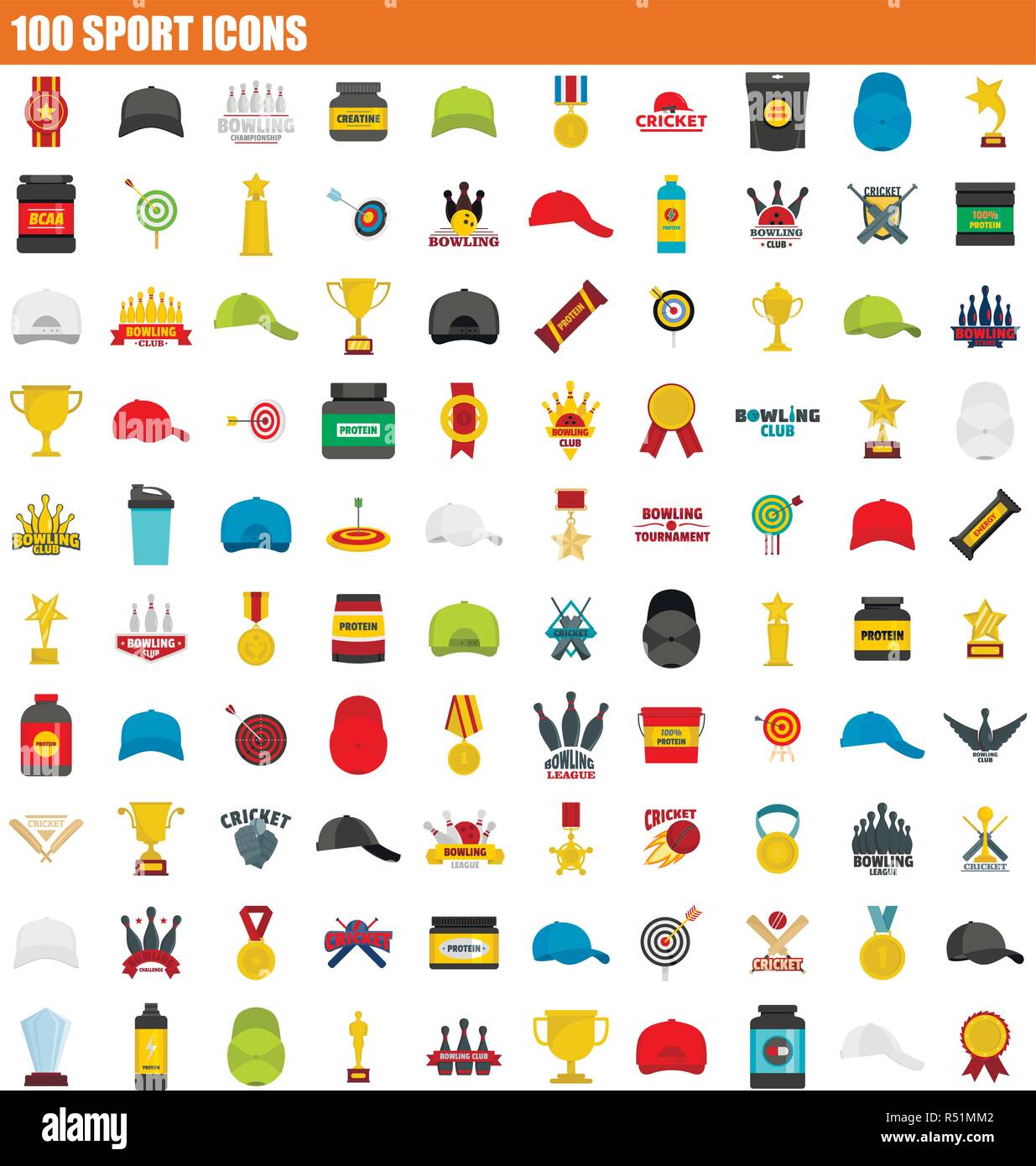 100 sport Icon Set. Flache Satz von 100 sport Vector Icons für Web Design Stock Vektor