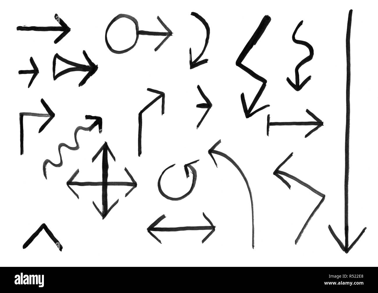 Schwarze Tinte Hand Zeichnung der Satz Pfeile Stockfoto