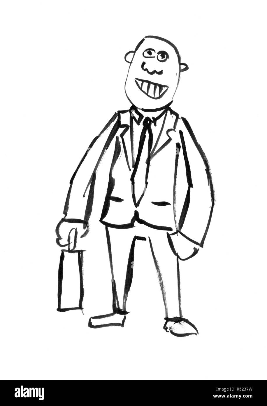 Schwarze Tinte Hand Zeichnung der Geschäftsmann mit Aktenkoffer Stockfoto