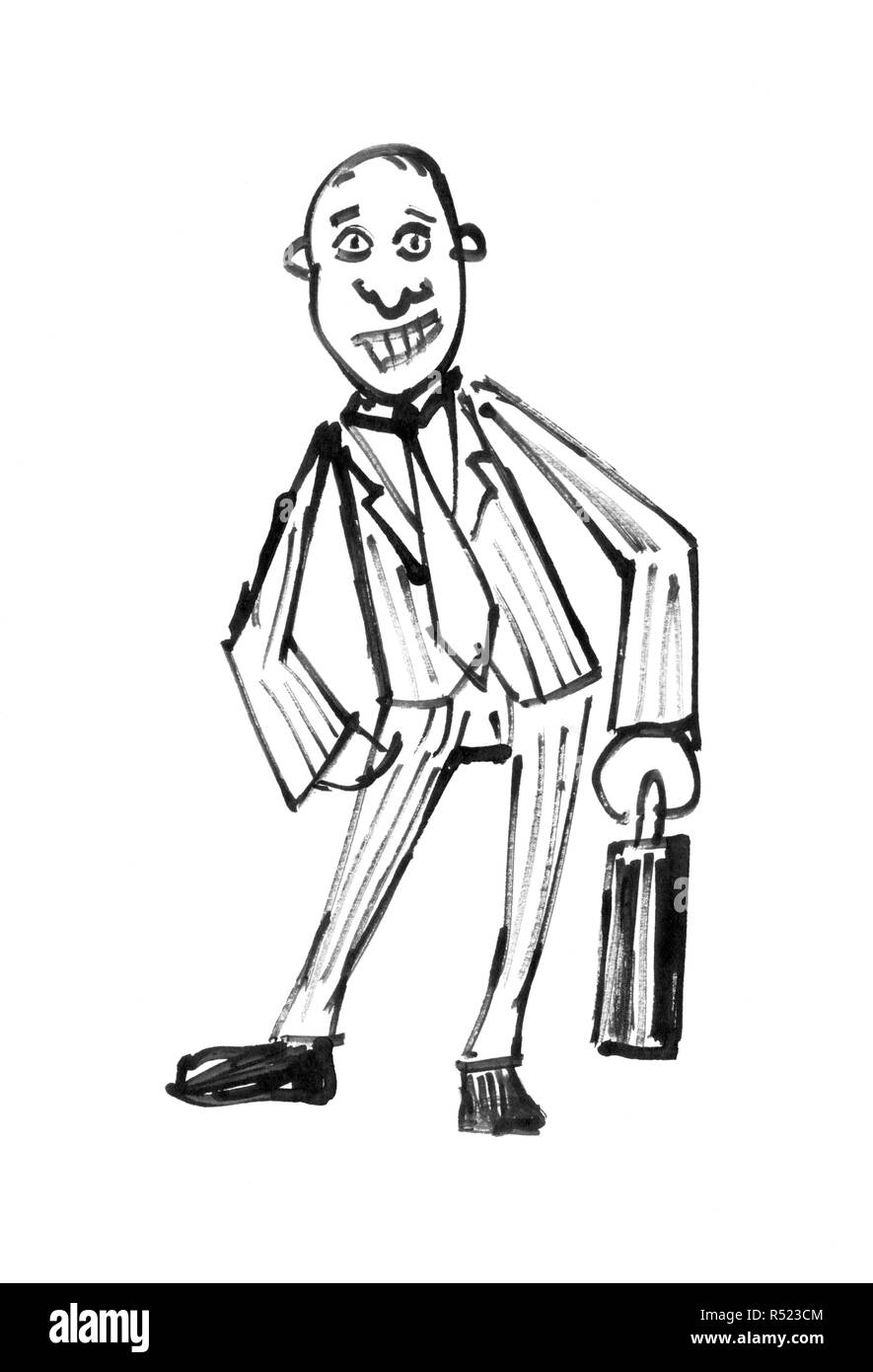 Schwarze Tinte Hand Zeichnung der Geschäftsmann Holding Aktenkoffer Stockfoto