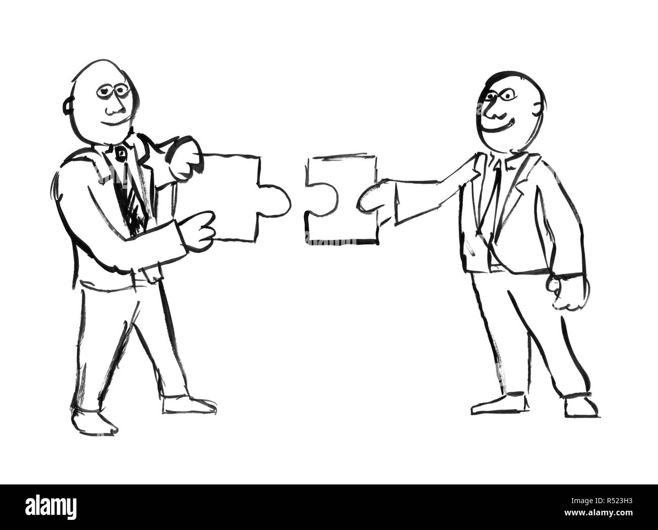 Schwarze Tinte Hand Zeichnung von zwei Geschäftsmänner Holding passende Puzzleteile. Stockfoto