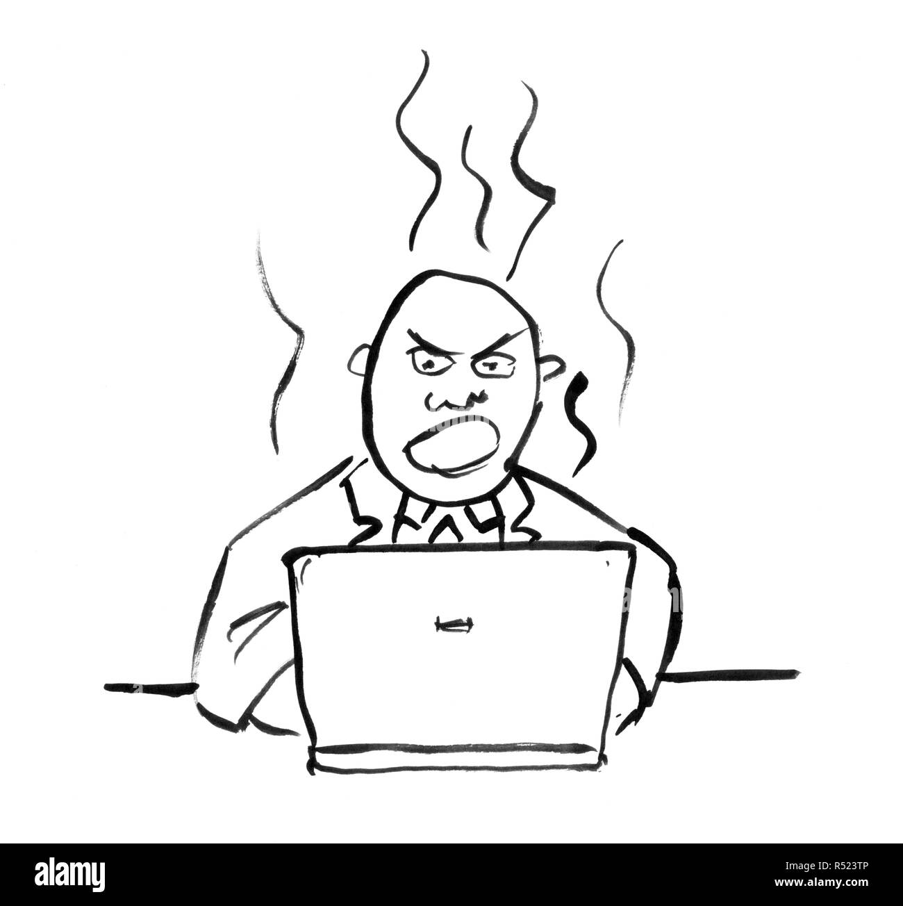 Schwarze Tinte Handzeichnung von Angry Geschäftsmanns, der auf dem Computer Stockfoto