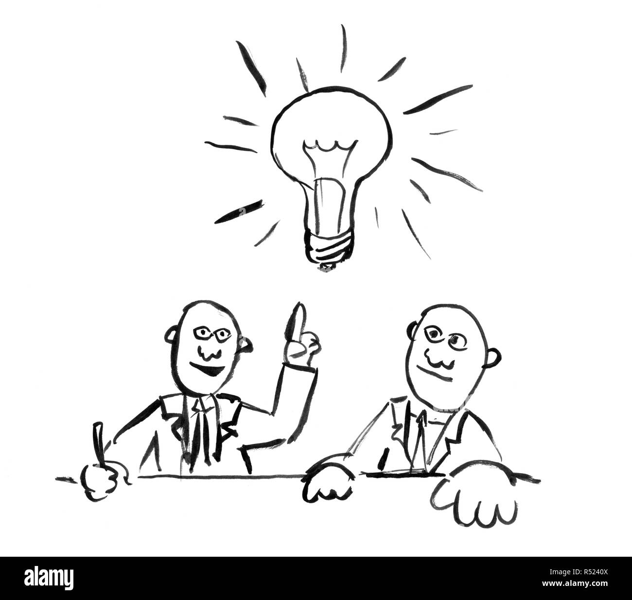 Schwarze Tinte Hand Zeichnung von zwei Geschäftsleute über das Problem denken Stockfoto