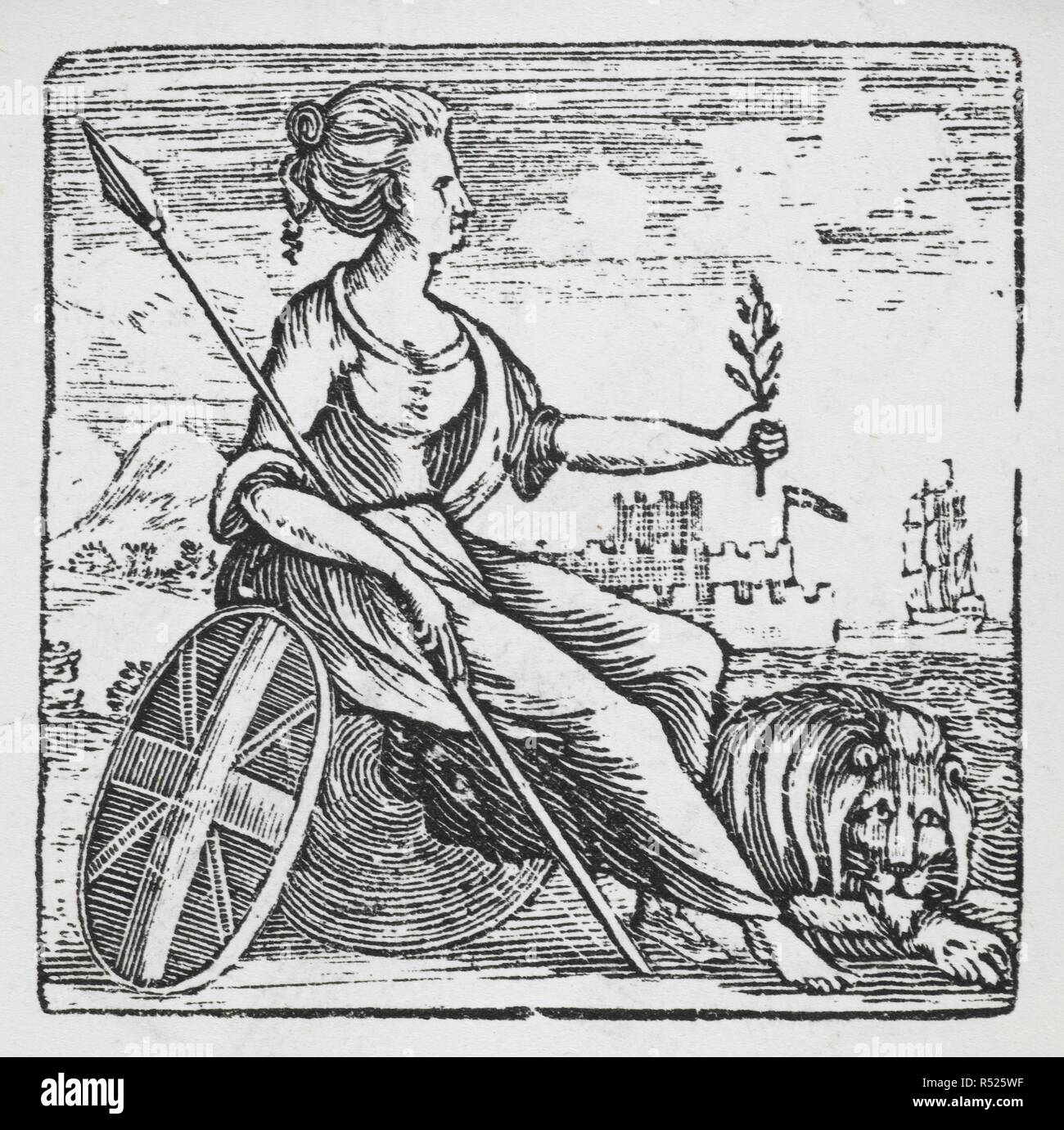 Weibliche Allegorie von Britannia mit einem Speer, Union Jack Schild