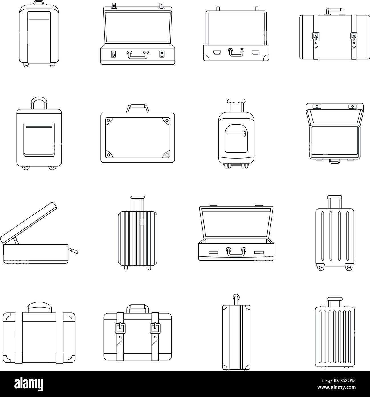 Koffer Reisegepäck Tasche Aktentasche Symbole gesetzt. Überblick Abbildung: 16 Koffer Reisegepäck Tasche Aktentasche Vector Icons für Web Stock Vektor