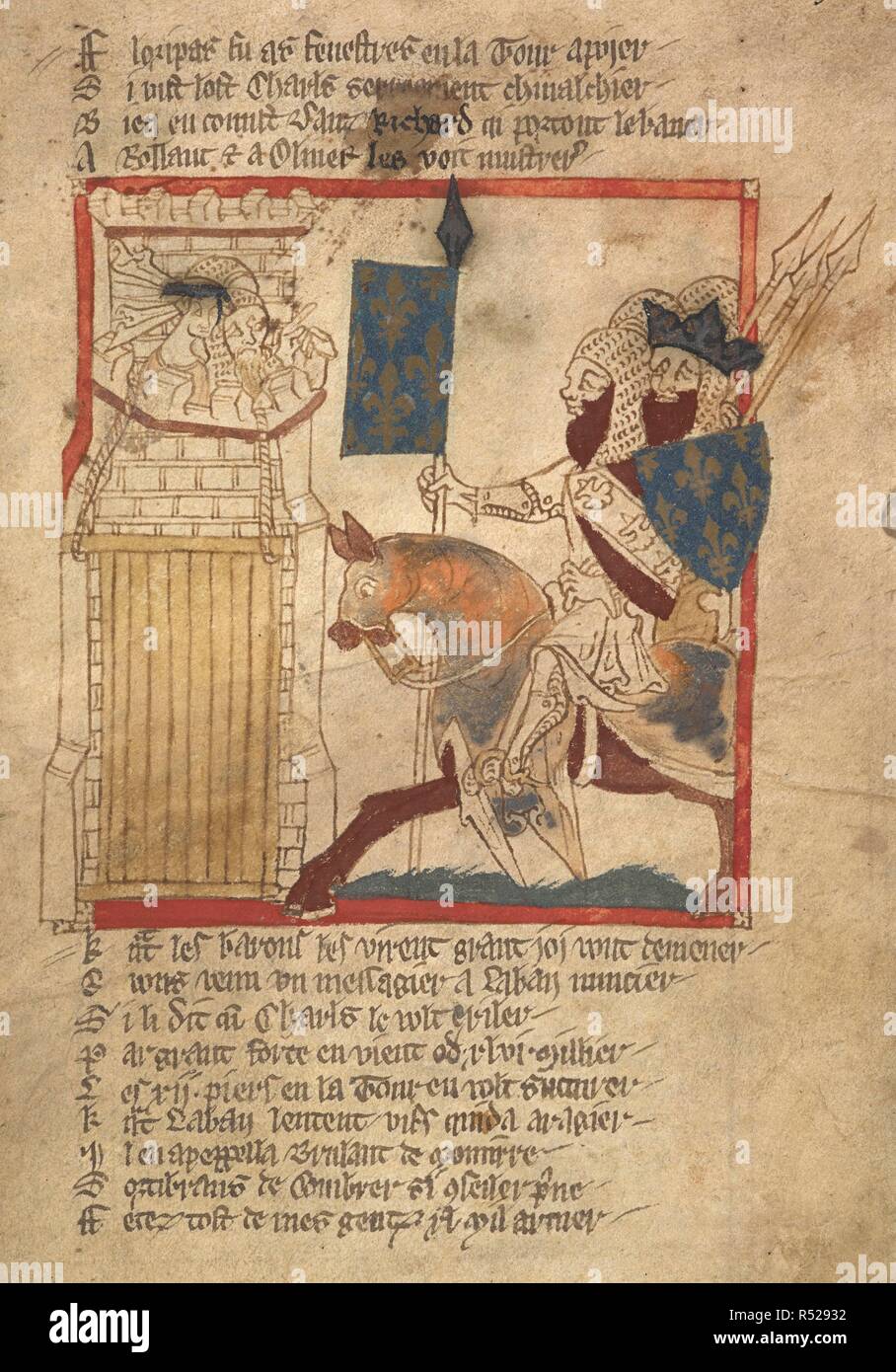 Karl und und Richard kommen zu Aigremore. Romanzen in französischer Sprache vers... 14. Jahrhundert. Quelle: Egerton 3028 w.115. Autor: Wace, Kanon von Bayeux. Stockfoto