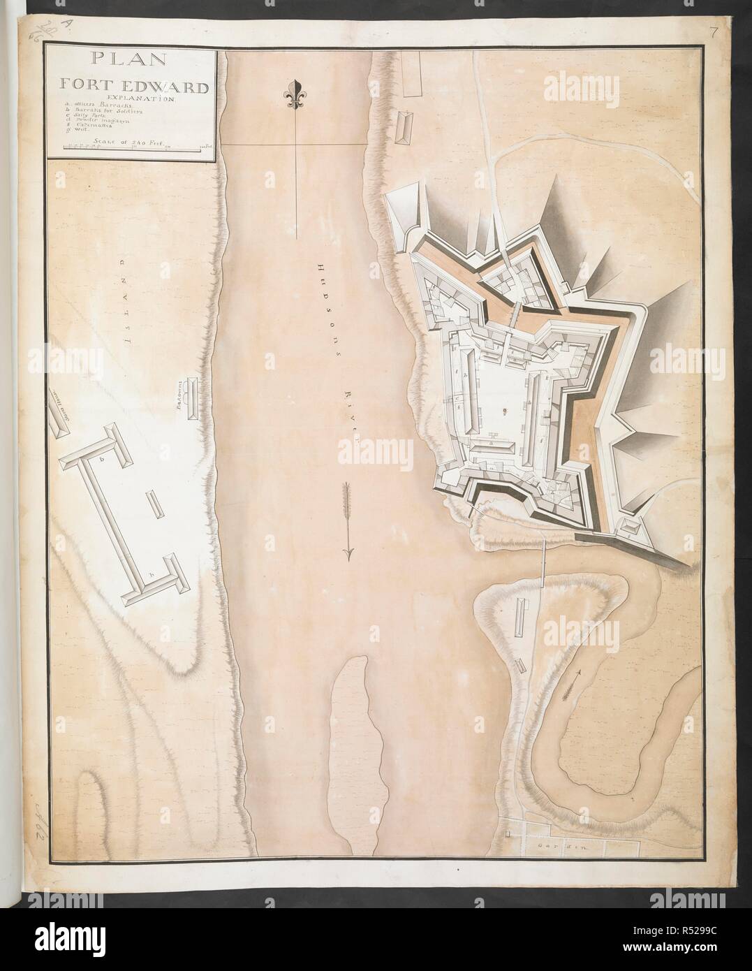 'Plan, Fort Edward", möglicherweise durch Thomas Sowers, circa 1759. . R.U.S.I. Karten. Bd. LXXVI (1-13). 57711 (1-4). Orte in Nordosten von New York. 18. Circa 1759. 1: 720. 'Scale von 240 Feet" (= 10 cm). 615 x 495 mm. Quelle: Hinzufügen. Nr. 57711.7 Amherst A62. R.U.S.I. Nr. Ein 28.66. Stockfoto