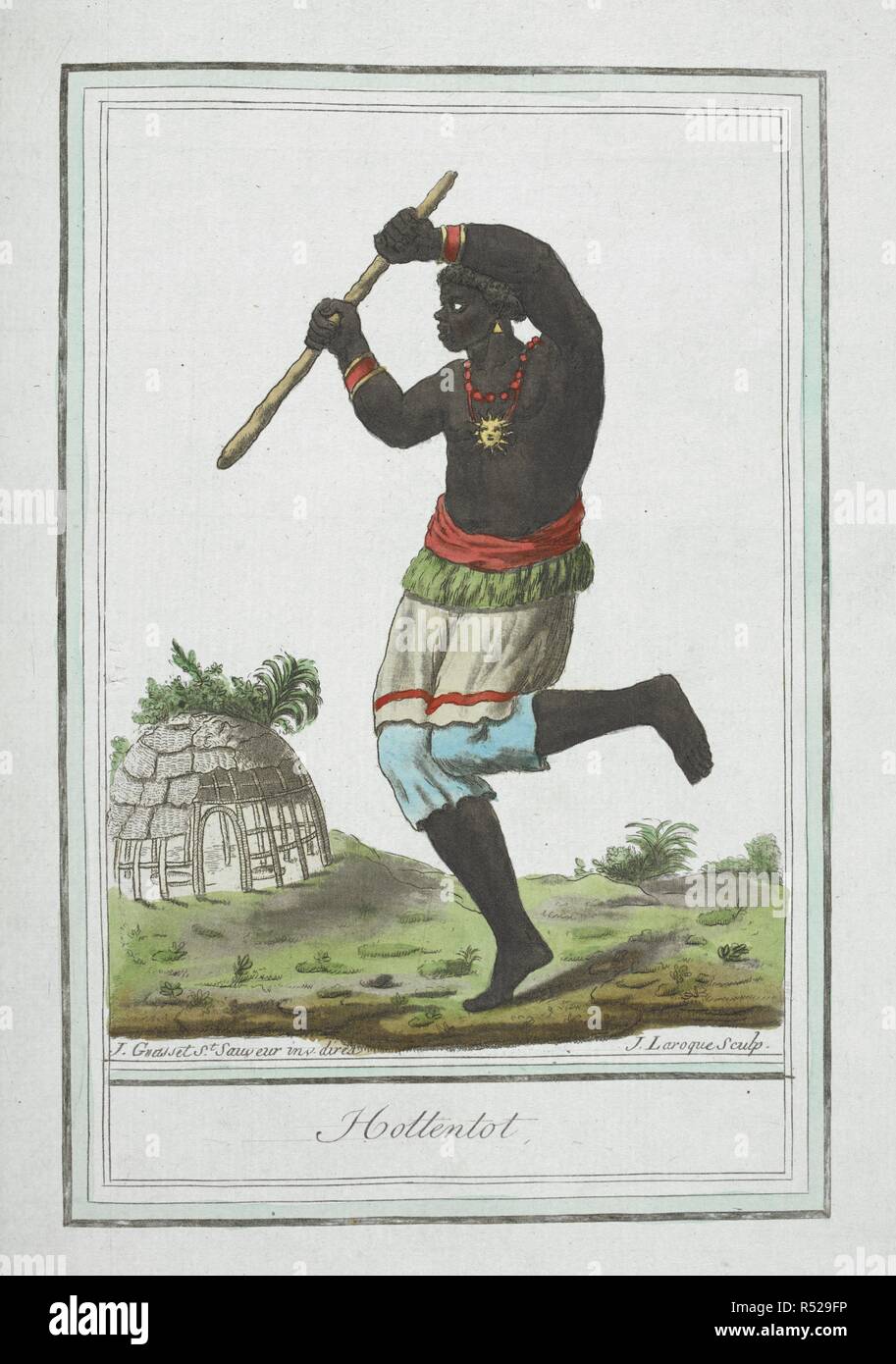 Hottentotten. Ein Mann. EncyclopeÌdie des Voyages, Contenant l'abreÌgeÌ Historique de mÅ" Urs ...de tous les peuples et la collection complette de leurs habillemens civils, Militaires, dignitaires religieux et, d'dessineÌs apreÌ € s Natur,... et colorieÌs aÌ € l'Aquarelle. Paris, 1796. Quelle: 1259) b) 13-17, Tom. Afrique Platte 49. Sprache: Französisch. Autor: GRASSET DE SAINT-SAUVEUR, Jacques. Stockfoto