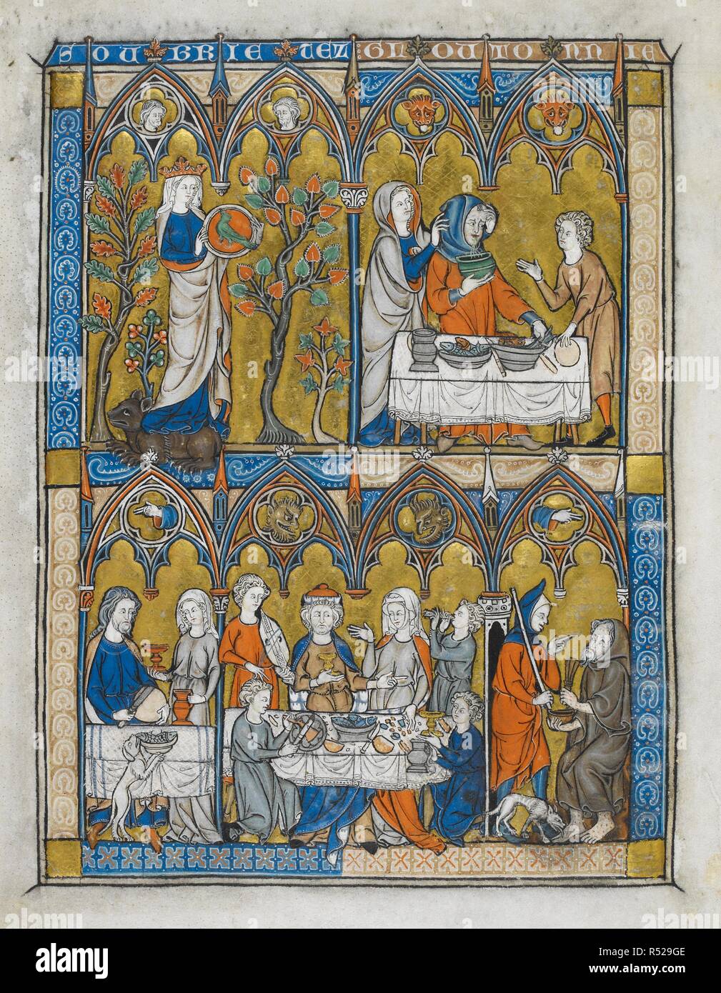 Oben links; Nüchternheit hält ein Medaillon, auf dem ein Vogel ist. Oben rechts; Völlerei, an einem Reich ausbreiten Tisch sitzt, hält eine Schüssel, während eine Frau hinter unterstützt den Kopf. Unten links; ein Mann und eine Frau teilen ein frugal Mahlzeit. Unterhalb der Mitte; Tauchgänge hält eine Schale, Musiker entweder Seite spielen eine rebec und einen Recorder. Eine Portion Mann schnitzt Fleisch, wie ein anderer einen Becher hält. Außerhalb, der Steward Lazarus verhindert, gekleidet wie ein Pilger, von der Eingabe, wie zwei Hunde seine Wunden lecken. La Somme Le Roy. Frankreich [Paris oder Coben?]; zwischen 1290 und 1300. Quelle: Hinzufügen. 28162, f. 10 v. Sprache: Latein und Französisch. Autor: Laurent, Stockfoto