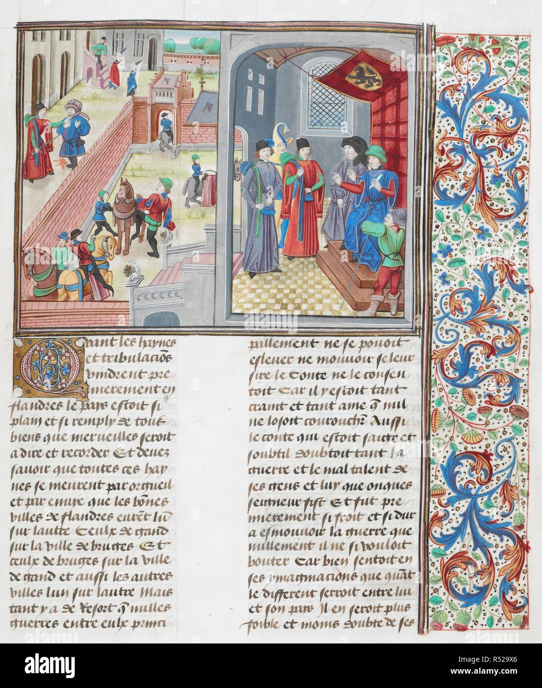 Louis, Graf von Flandern, thront (mit seinen Armen auf dem Thron) inmitten der Höflinge und ein Narr, senden Jean Lyon zu Gent; Jean Lyon Tötung ein Bürger. Text und florale. . Chroniques. Niederlande, S. im letzten Viertel des 15. Jahrhunderts, vor 1483. Quelle: Royal 18 E. Ich w.73. Sprache: Französisch. Autor: FROISSART, Jean. Stockfoto