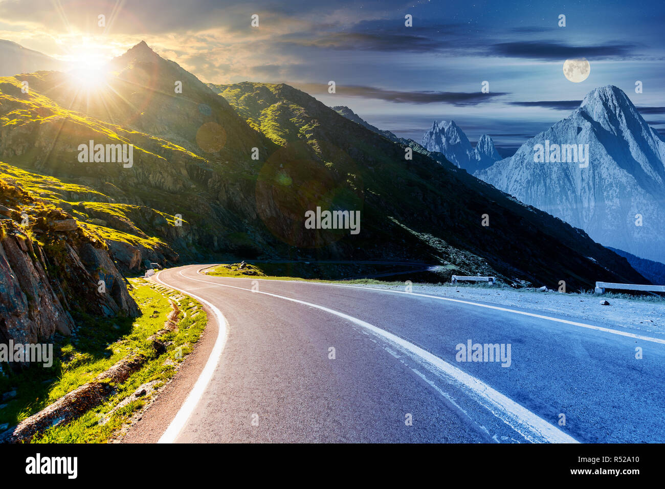 Straße in den Bergen mit felsigen Grat in der Ferne. zusammengesetzte Bild. Anreise mit dem Auto Konzept Stockfoto