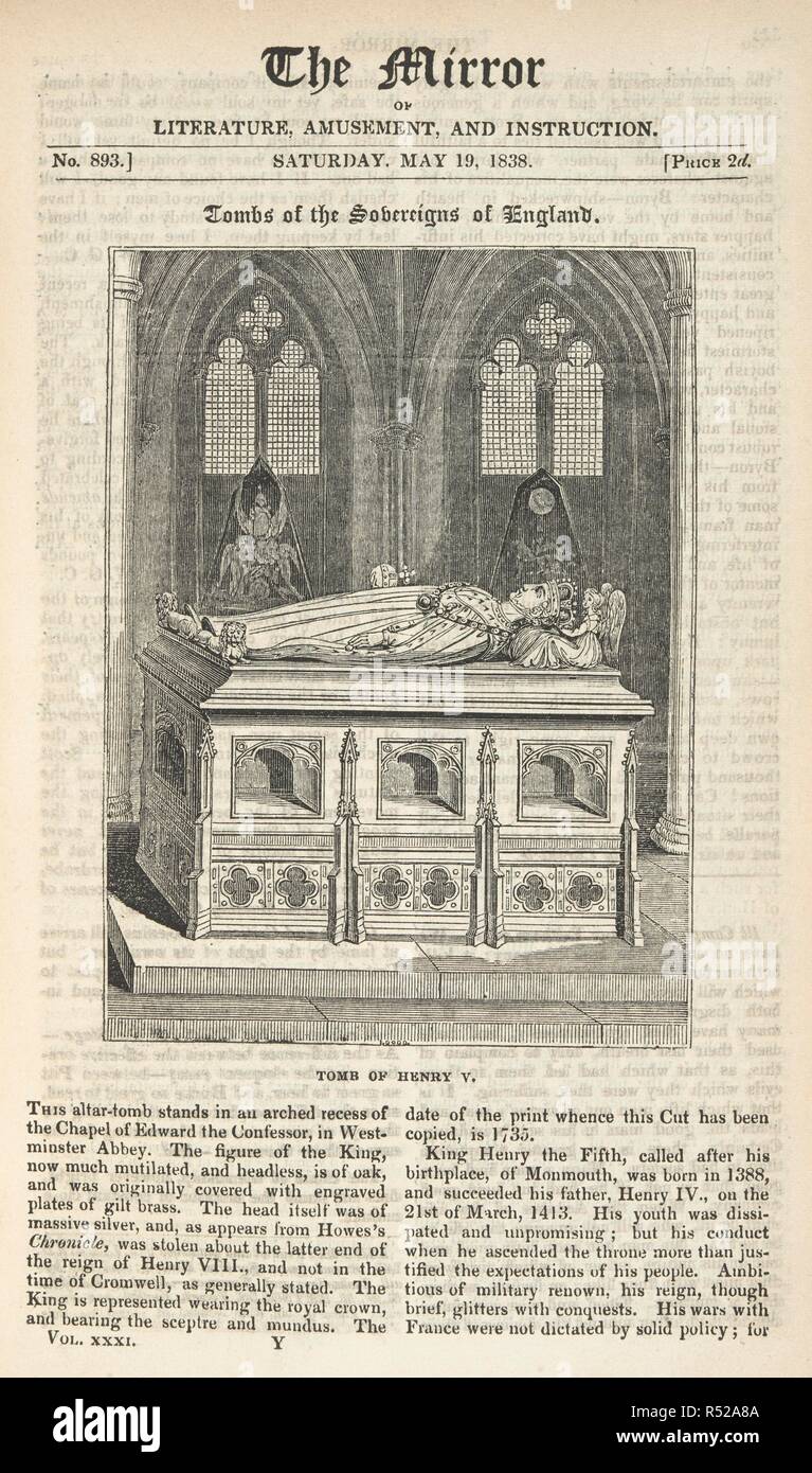 "Grab von Henry V.". Der Spiegel der Literatur, Unterhaltung und Belehrung. London, 19. Mai 1838. Quelle: S. S. 5681 Band XXI, S. 321. Stockfoto