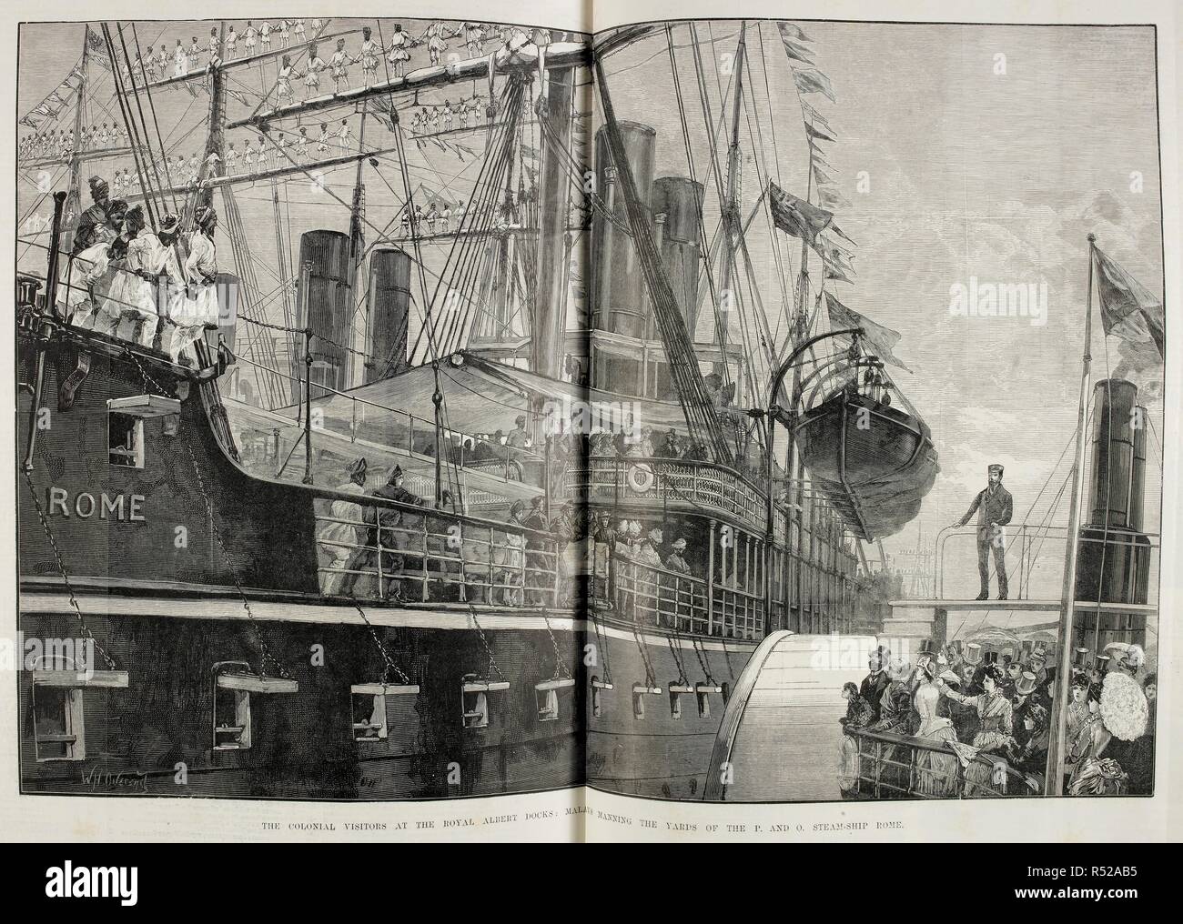 Die kolonialen Besucher in der Royal Albert Docks und sieht die S. und O. steamship Rom. Die Illustrated London News. Quelle: PP. 7611, Seiten 634-635. Sprache: Englisch. Stockfoto