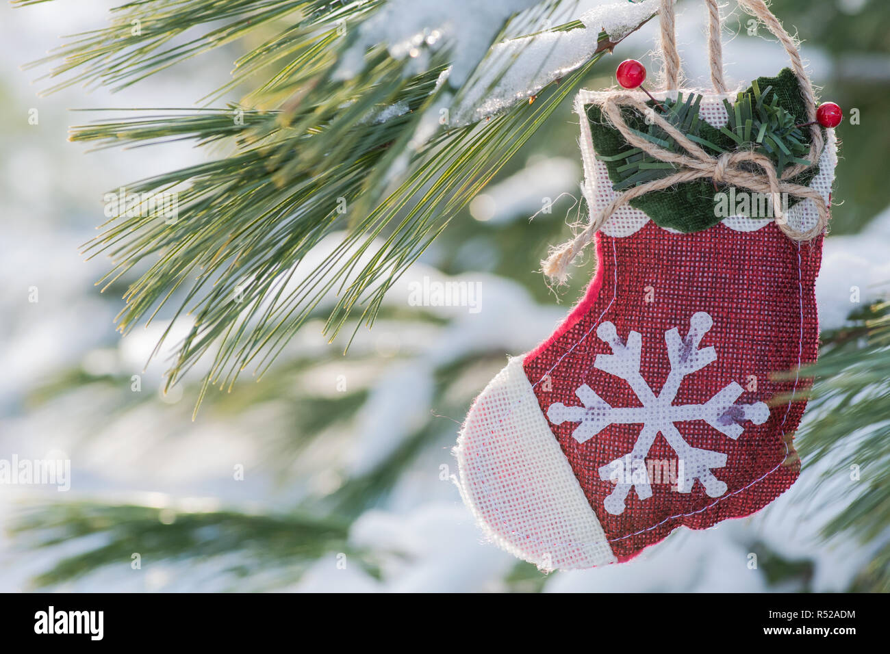 Winter Urlaub Dekoration Konzept: Schneeflocke häkeln Weihnachtsstrumpf und gefrorenen Schnee Tannenbaum, Zweige in Forest Park erhalten. Stockfoto