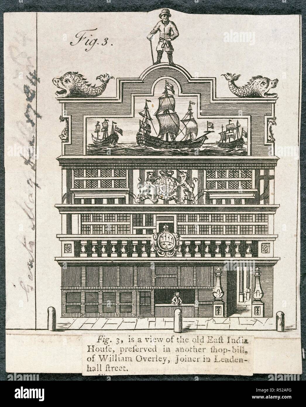 '... Ein Blick auf die alte East India House, in einem anderen Geschäft erhalten - Bill von William Overley, Tischler in Leadenhall Street'. Gentlemen's Magazin. Dezember 1784. Gravur. Quelle: P2167. Stockfoto