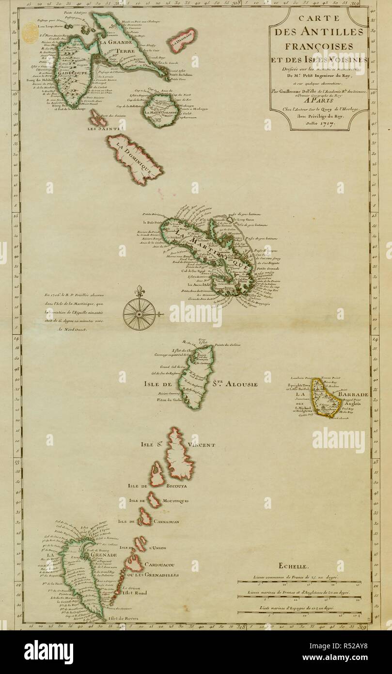 Eine Karte der Französischen Antillen. CARTE DE ANTILLEN FRANÇAIS ‡ OISES ET DES ISLES VOISINES. Paris: [Gaillaume de L'Isle] Chez l'Auteur Sur le Quai de Horloge. Avec PrivilÃ©ge du Roy., Juillet 1717. Quelle: Karten K. Top. 123.64. Sprache: Französisch. Stockfoto