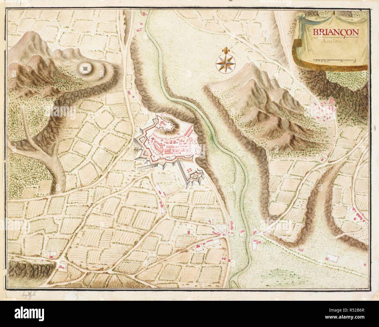 Ein farbiger Plan der 'BriancÌ § von ancien'; über 1720 gezeichnet, auf einer Skala von 100 toises zu einem Zoll. c. 1720. § BrianÃ auf (Lat.: brigantium), eine französische Gemeinde im Département Alpes-Maritimes in der Region Provence-Alpes-Côte d'Azur in Südfrankreich. § BrianÃ auf war die Brigantium der Römer und die Teil des Königreichs Königs Cottius. Das historische Zentrum ist eine stark befestigte Stadt, Vauban die Region von Österreicher im 17. Jahrhundert zu verteidigen. Quelle: Maps.K.. 61.13. Stockfoto