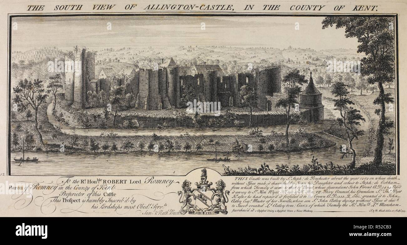 Der Blick nach Süden von allington Schloss. A S. Blick auf Allington Schloss. 1735. Quelle: Karten K. Top. 18.2. Sprache: Englisch. Autor: Samuel Buck. NATHANIEL BUCK. Stockfoto